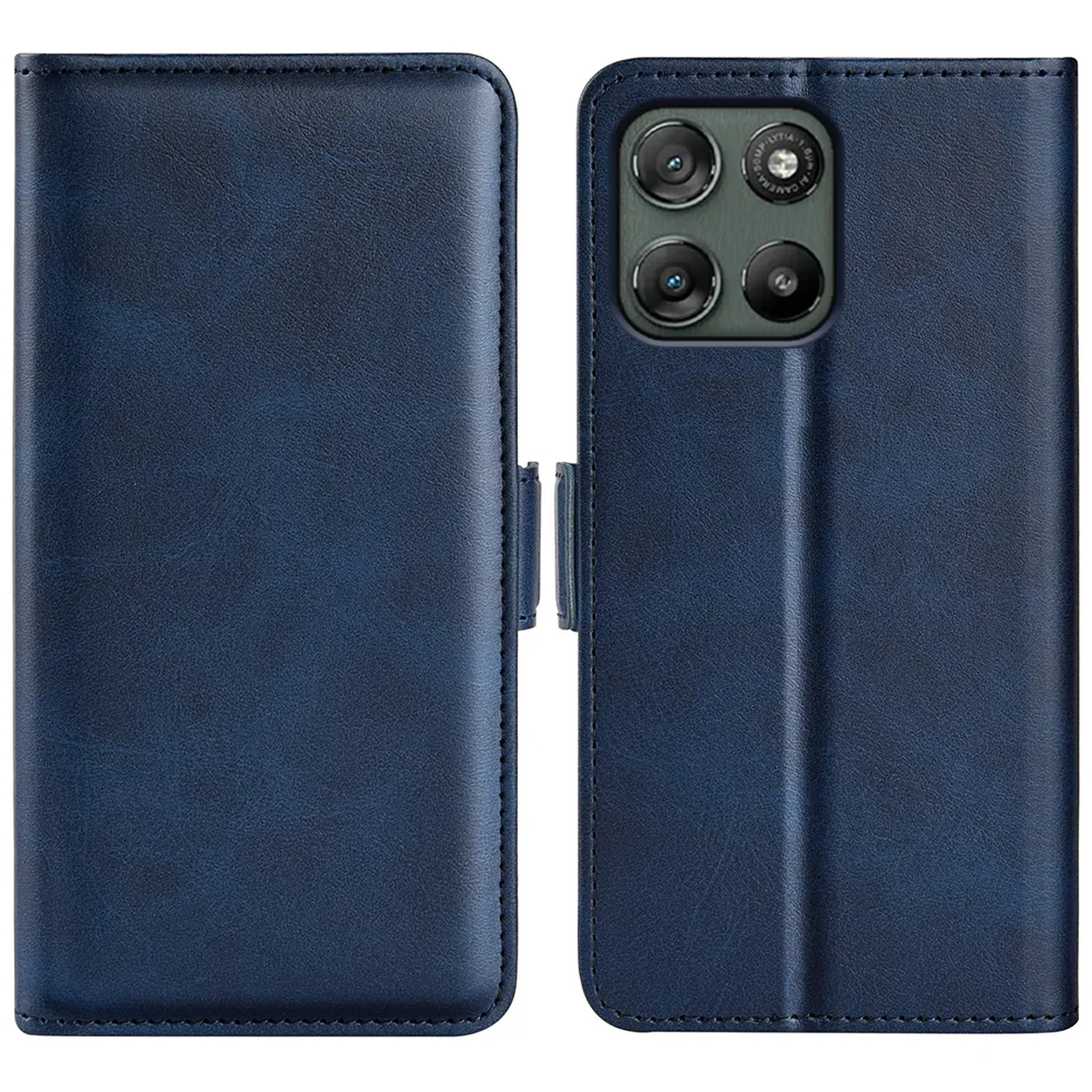 Donkerblauwe telefoonhoes met cameragat en sluiting.