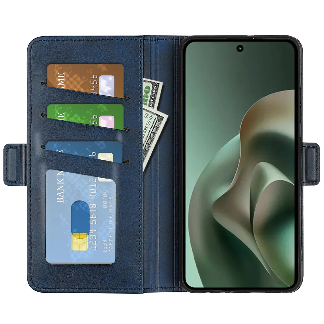 Blauw portemonnee telefoonhoesje met kaartsleuven, contant geld en een smartphone.