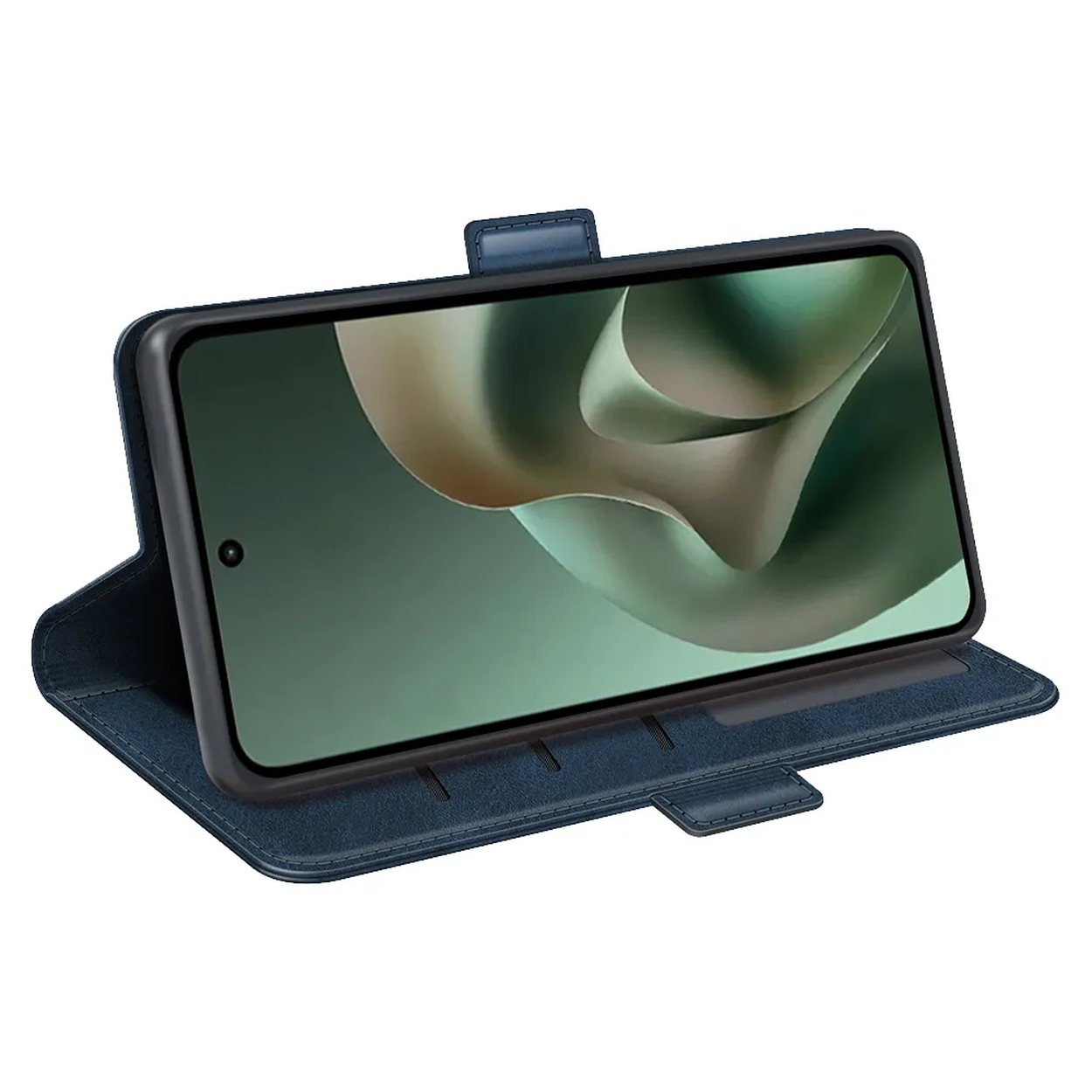 Een donkerblauwe smartphone in een open flip case, rechtopstaand.