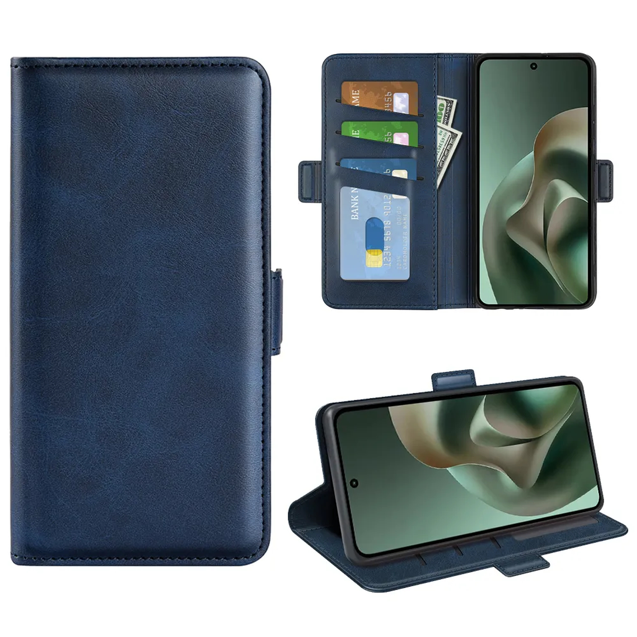 Donkerblauwe telefoonhoes met kaartsleuven en contant geld.