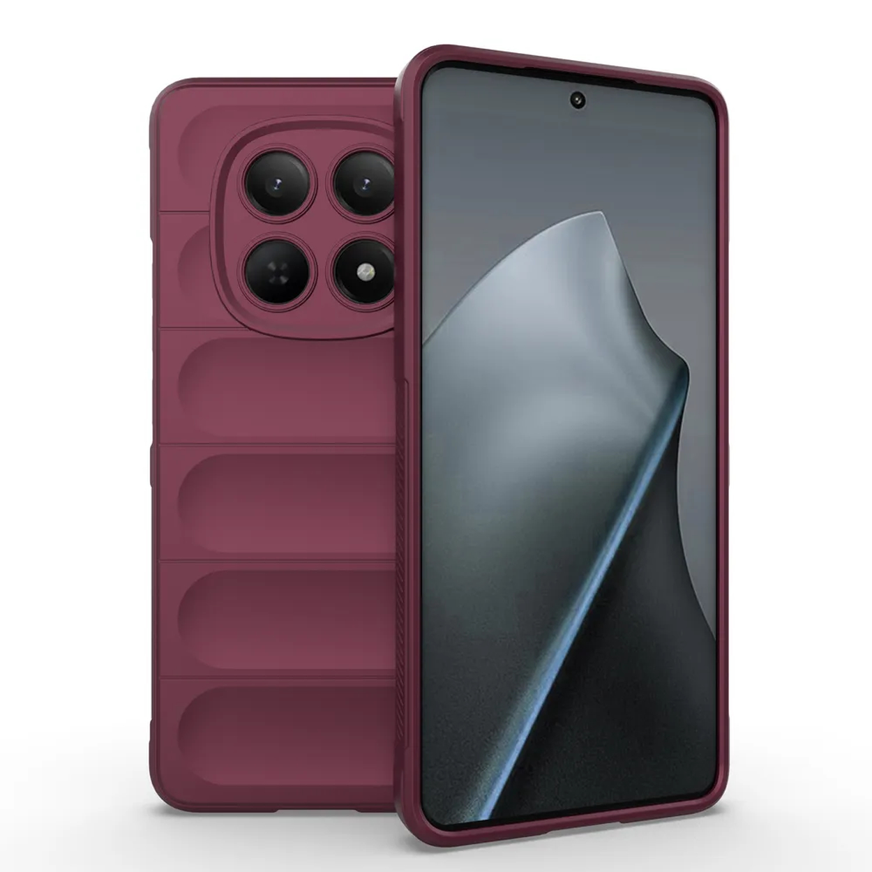 Rode telefoonhoes met vier camera's en een geribbeld ontwerp.