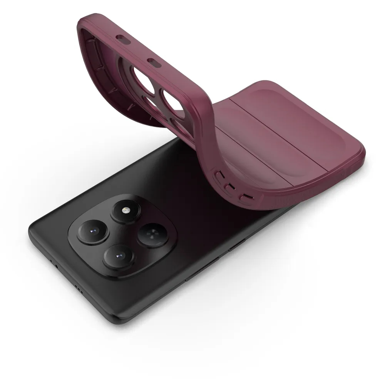 Een zwarte smartphone met een bordeauxrode hoes die erop wordt gelegd. De hoes heeft uitsparingen.