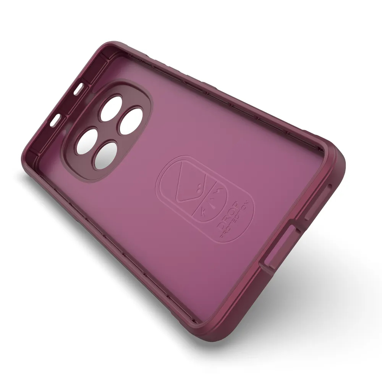 Binnenkant van een rode telefoonhoes, met camera-uitsparingen en logo.