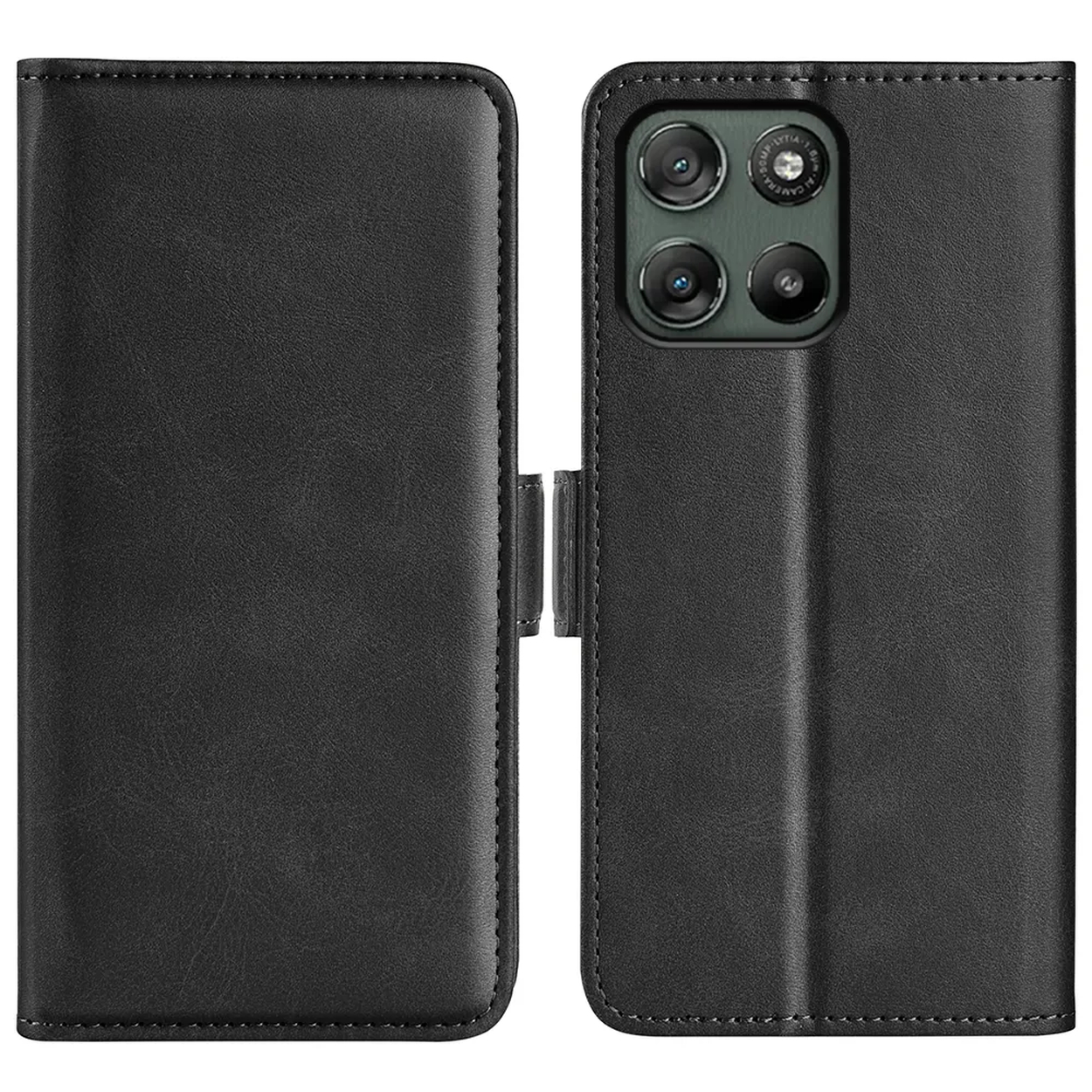Étui à rabat en cuir noir pour smartphone avec trois caméras.