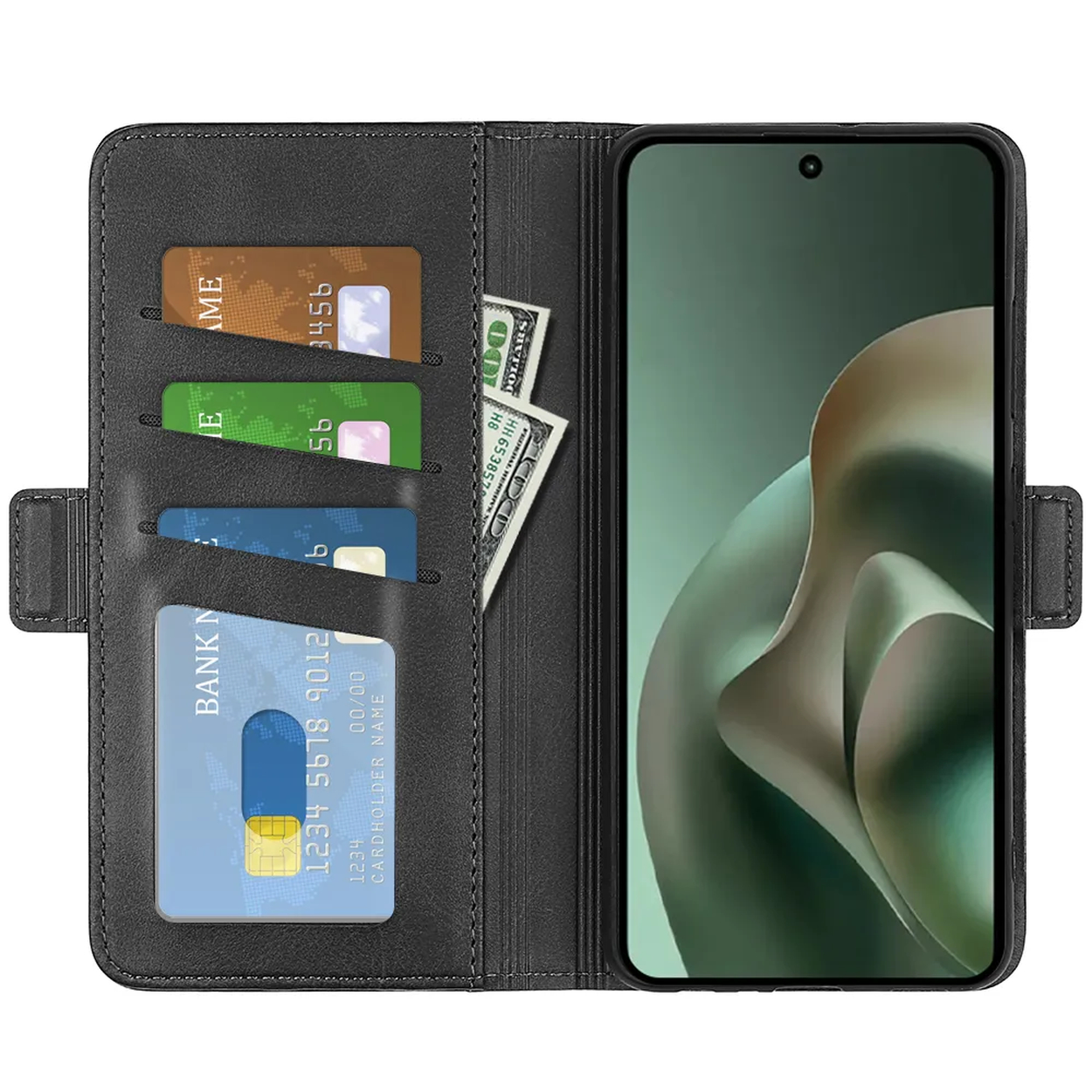 Étui de téléphone noir avec fentes pour cartes et billets, à côté d'un smartphone.