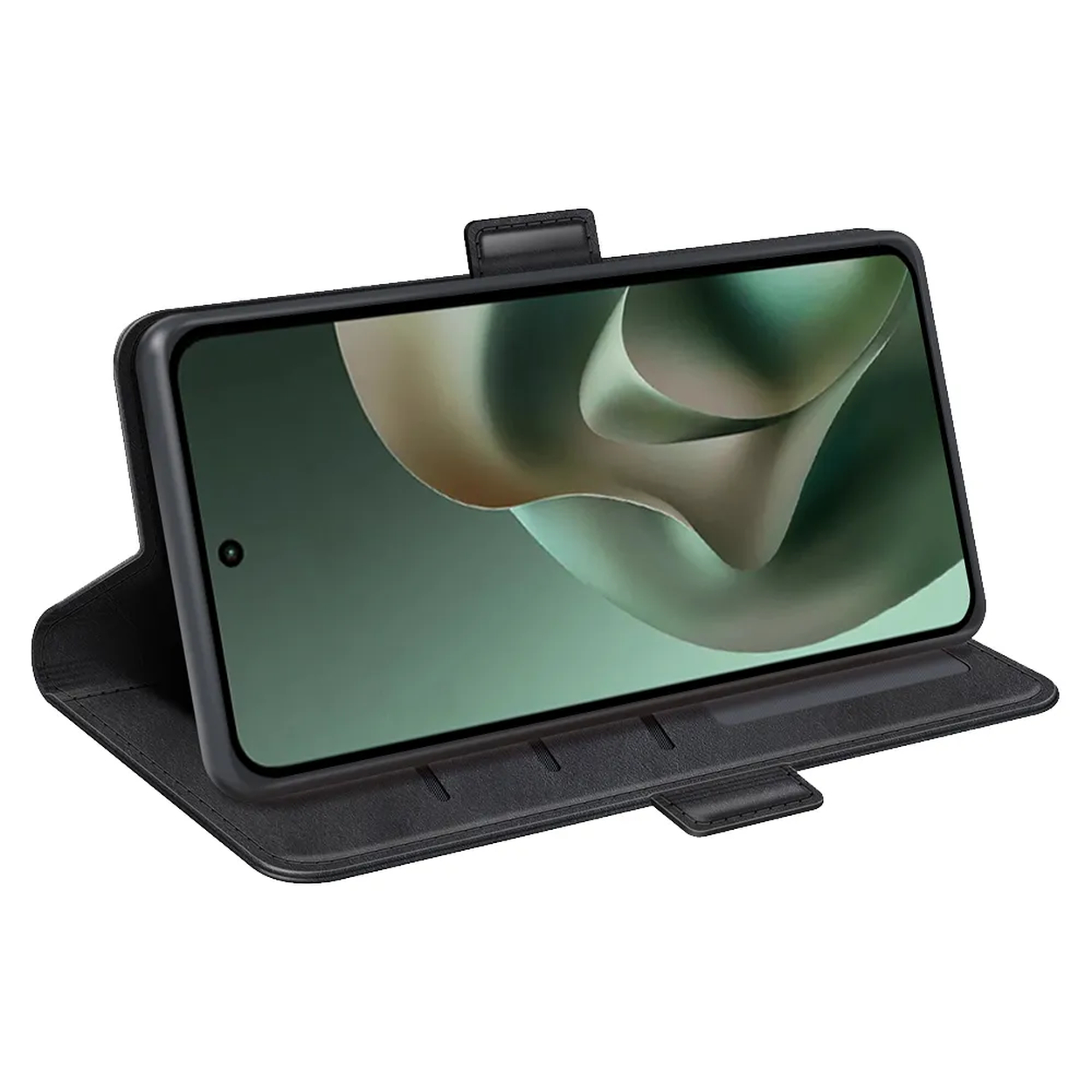 Téléphone portable noir dans un étui à rabat ouvert avec fond d'écran vert.