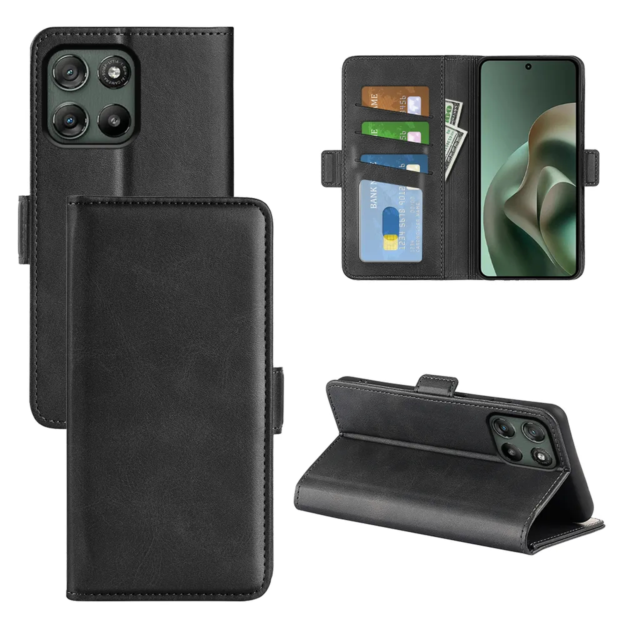 Étui à rabat en cuir noir pour smartphone avec emplacements.