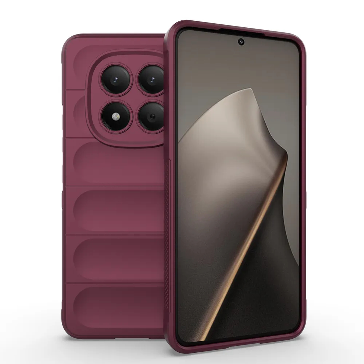 Een bordeauxrode telefoonhoes met een getextureerde achterkant en een opvallende camerabobbel.