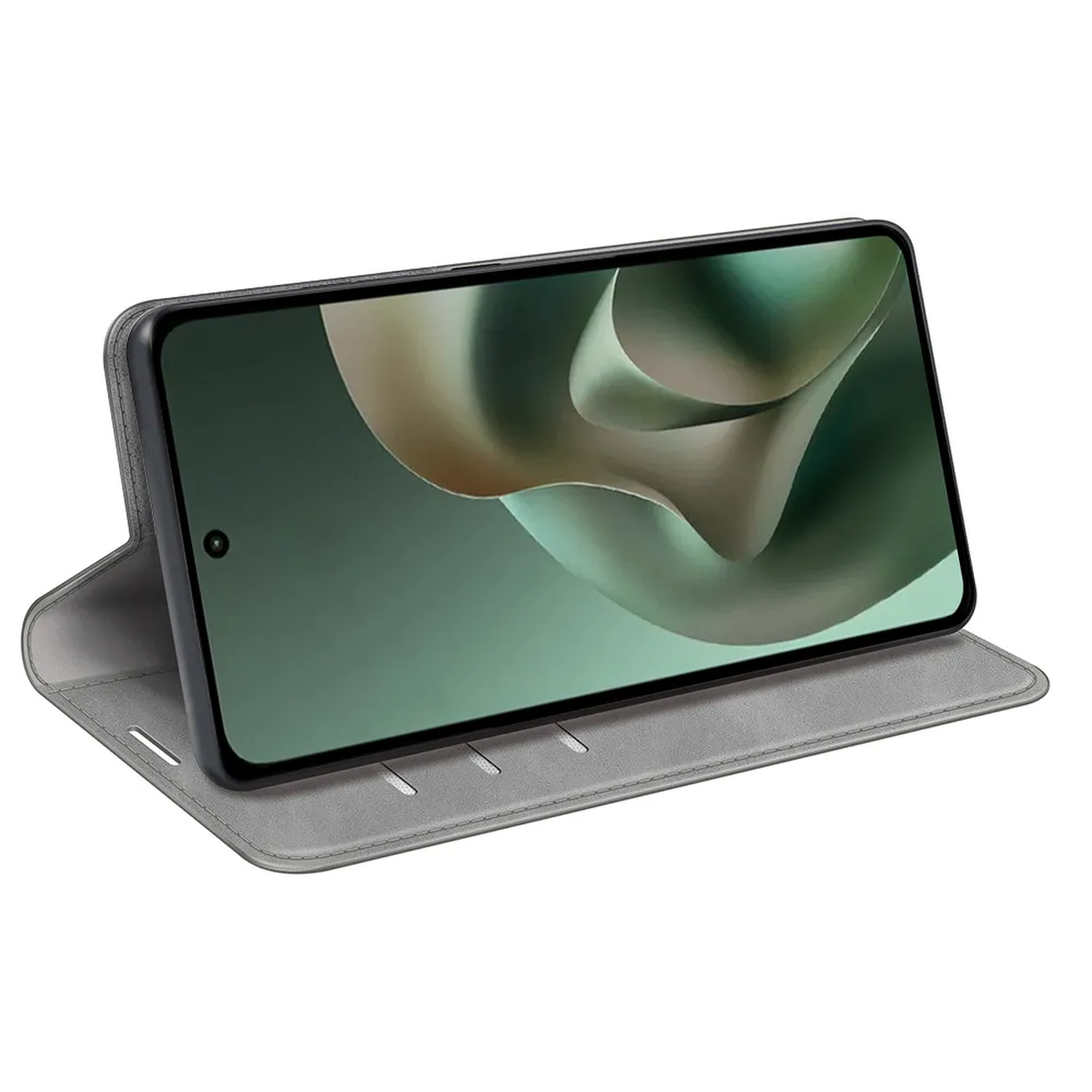 Een grijze telefoonhoes is open, met een smartphone met groene abstracte achtergrond.