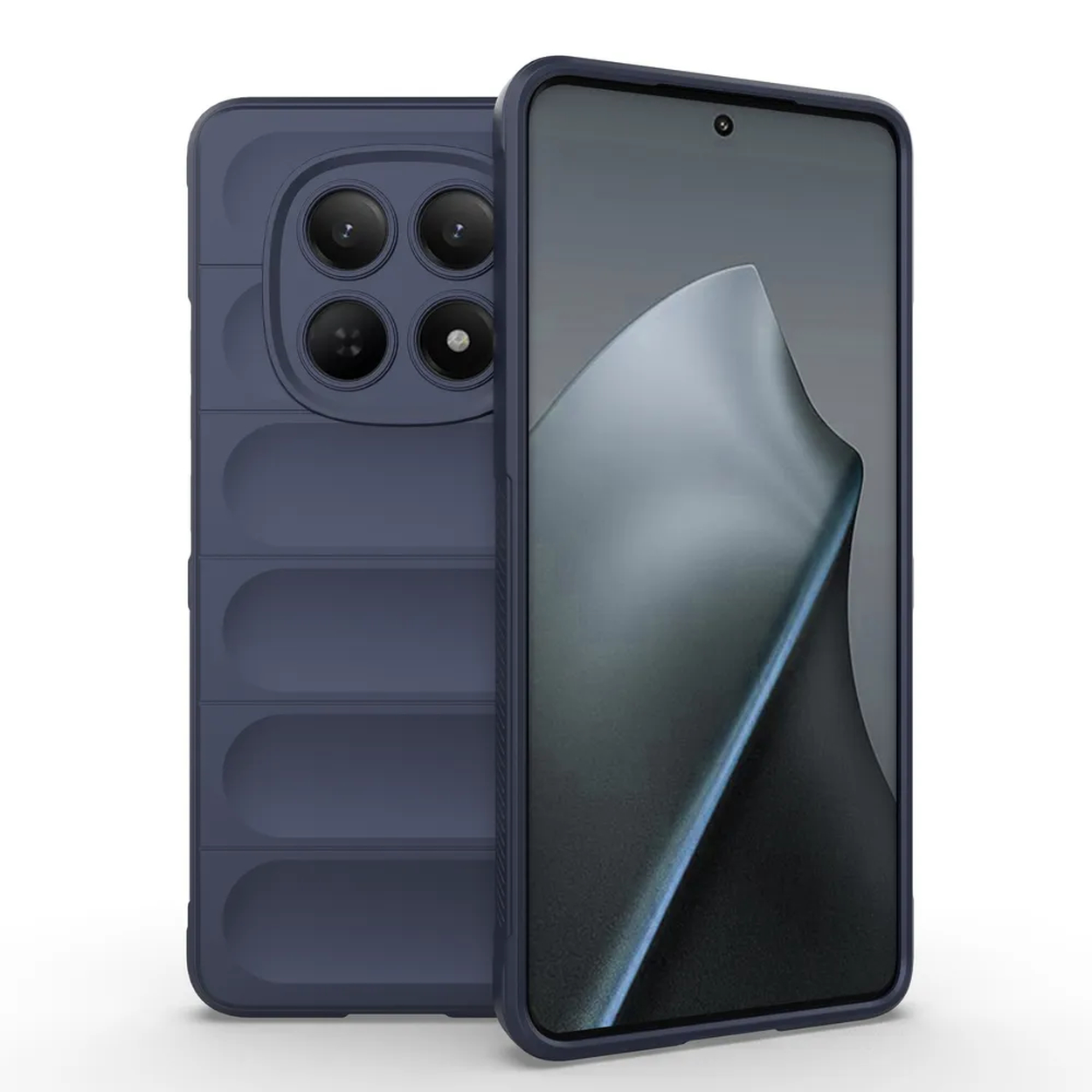 Een blauwe smartphone met vier camera's en een getextureerde achterkant.