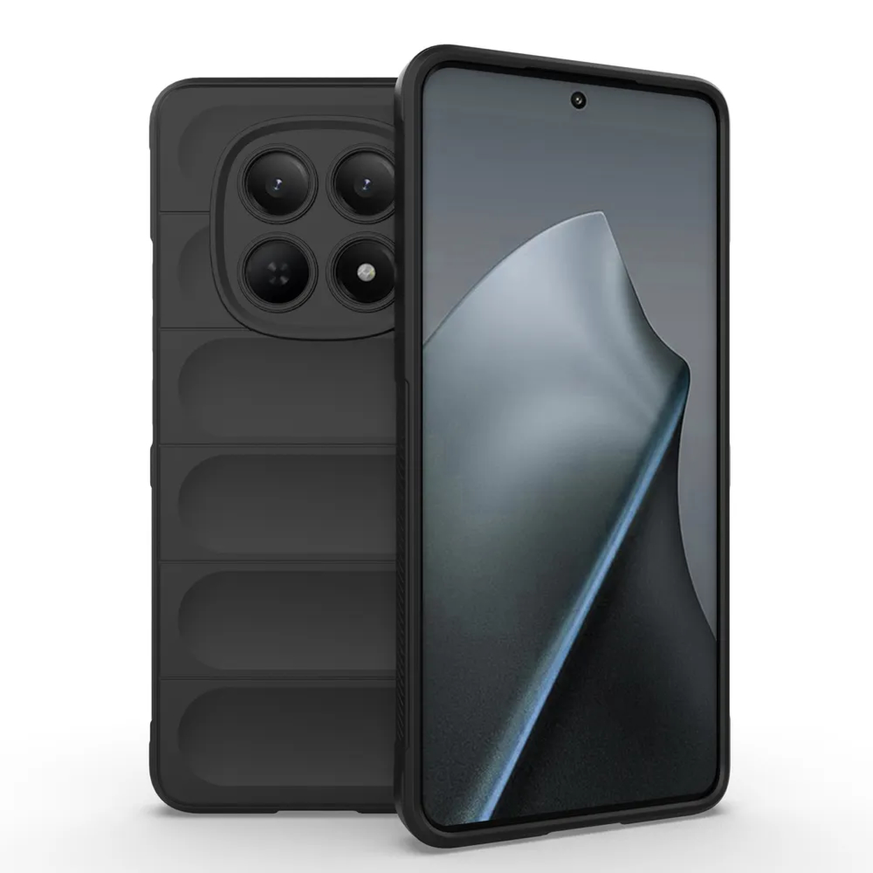 Zwarte smartphone met vier camera's en geribbelde achterkant, op witte achtergrond.