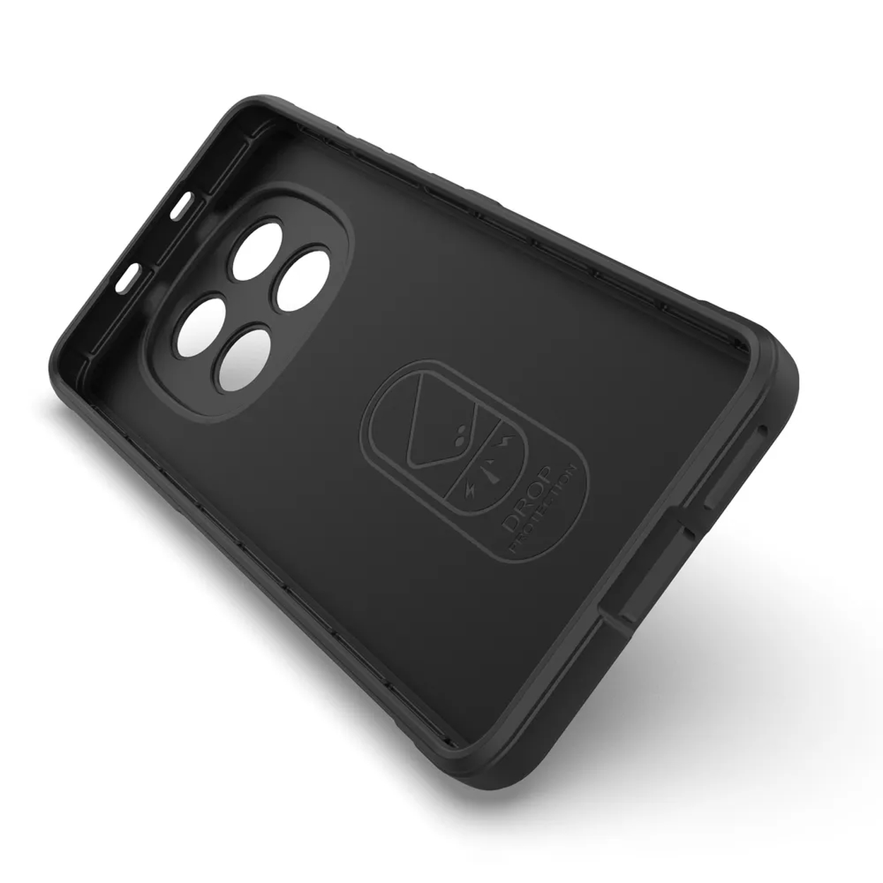 Zwarte telefoonhoes met uitsparingen voor camera en knoppen. Logo binnenin.
