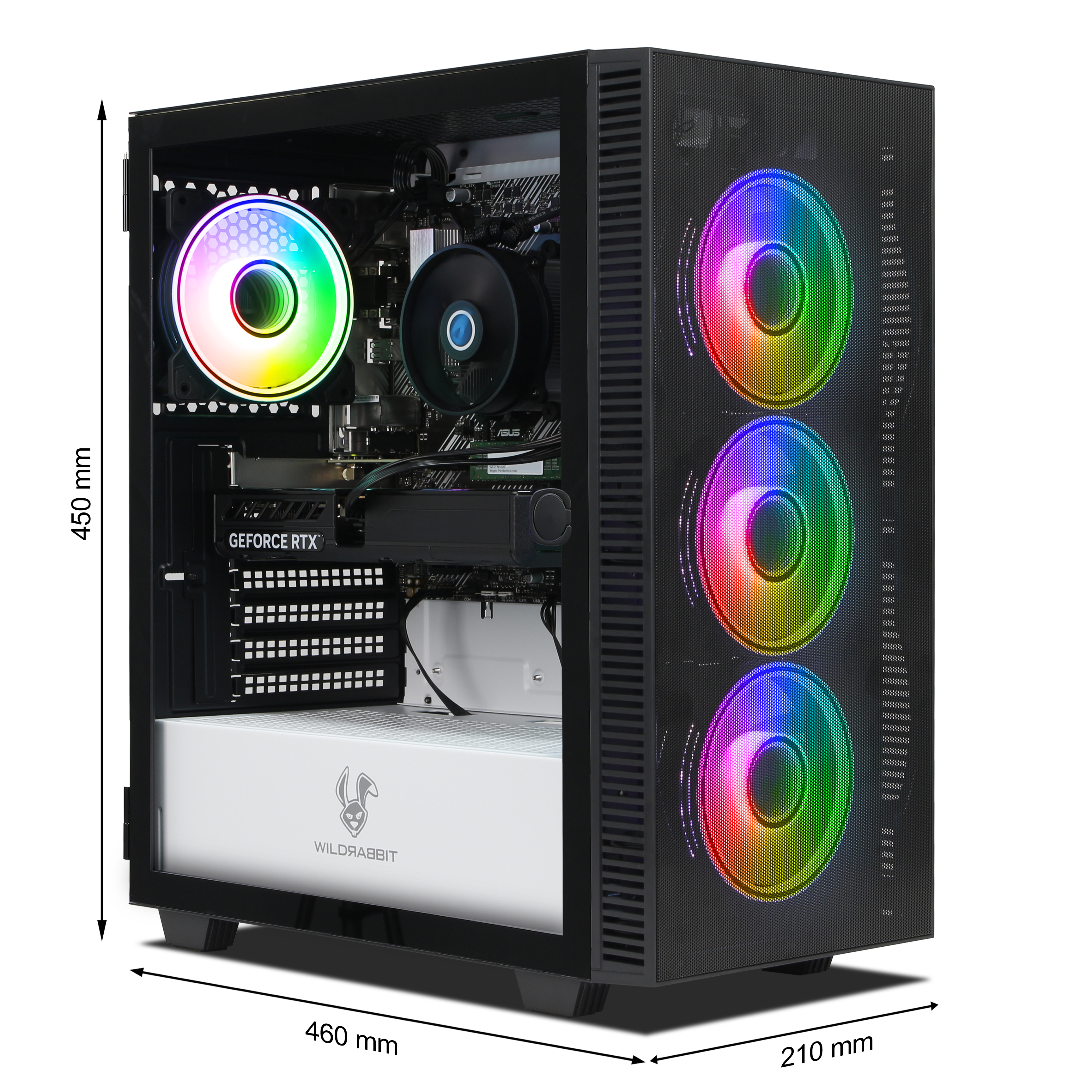 Ein schwarzer PC-Gehäuse mit RGB-Lüftern und Maßen.