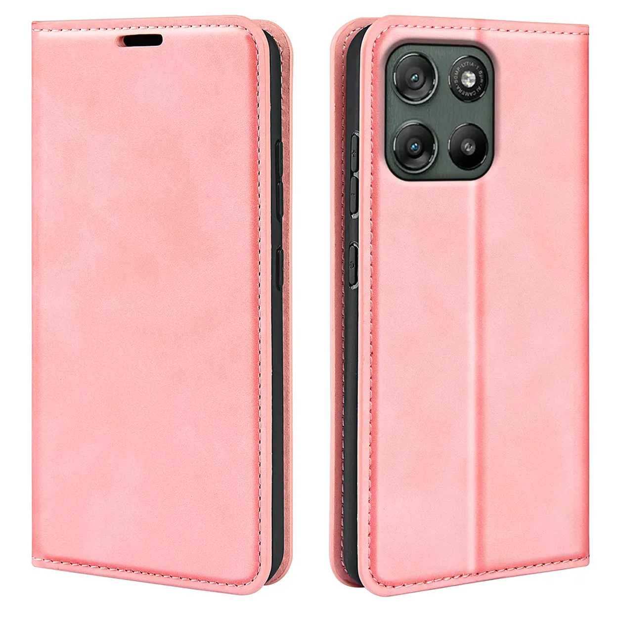 Roze flip telefoonhoesje, gesloten en open, met camera-uitsparing.
