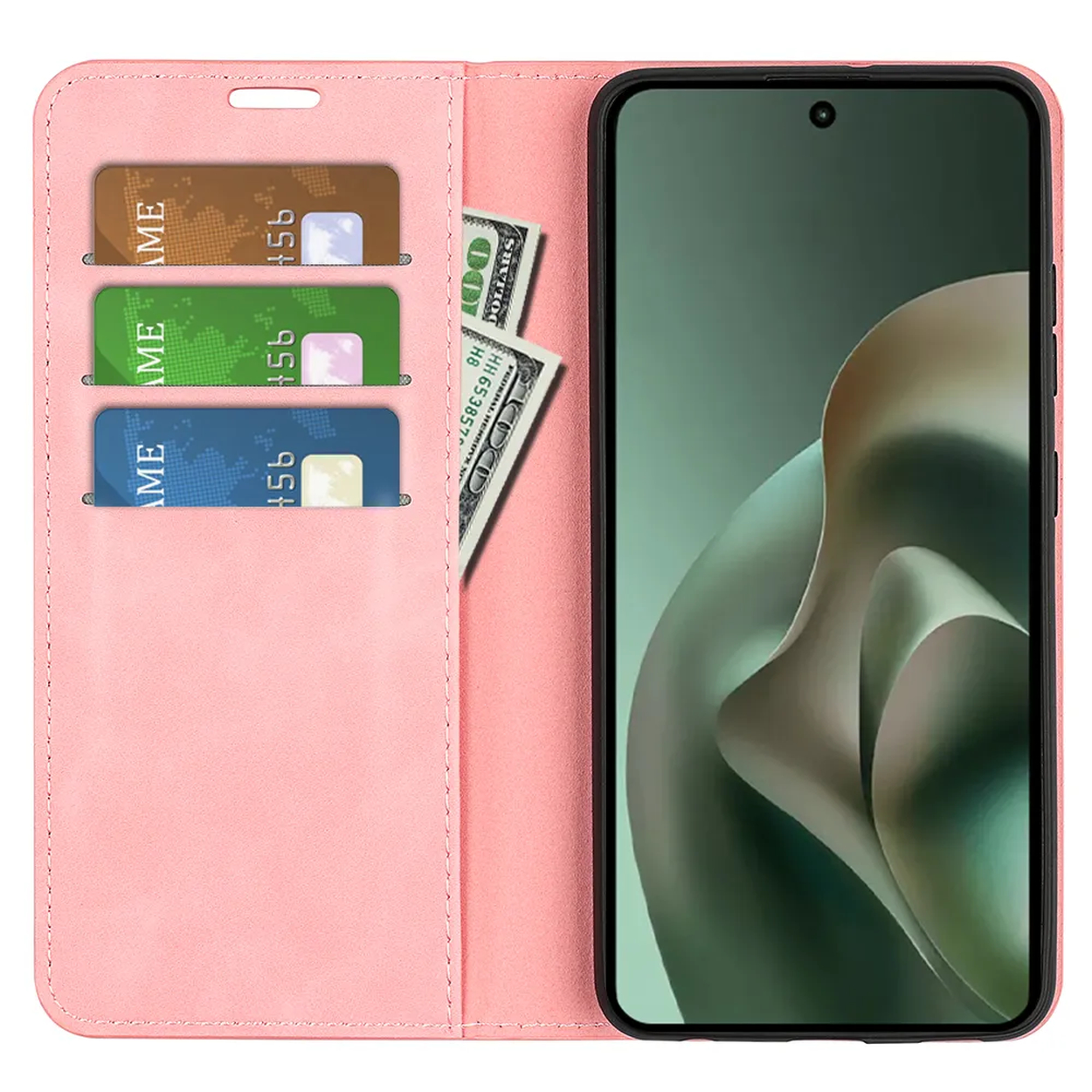Een roze telefoonhoesje met drie kaarthouders en contant geld.