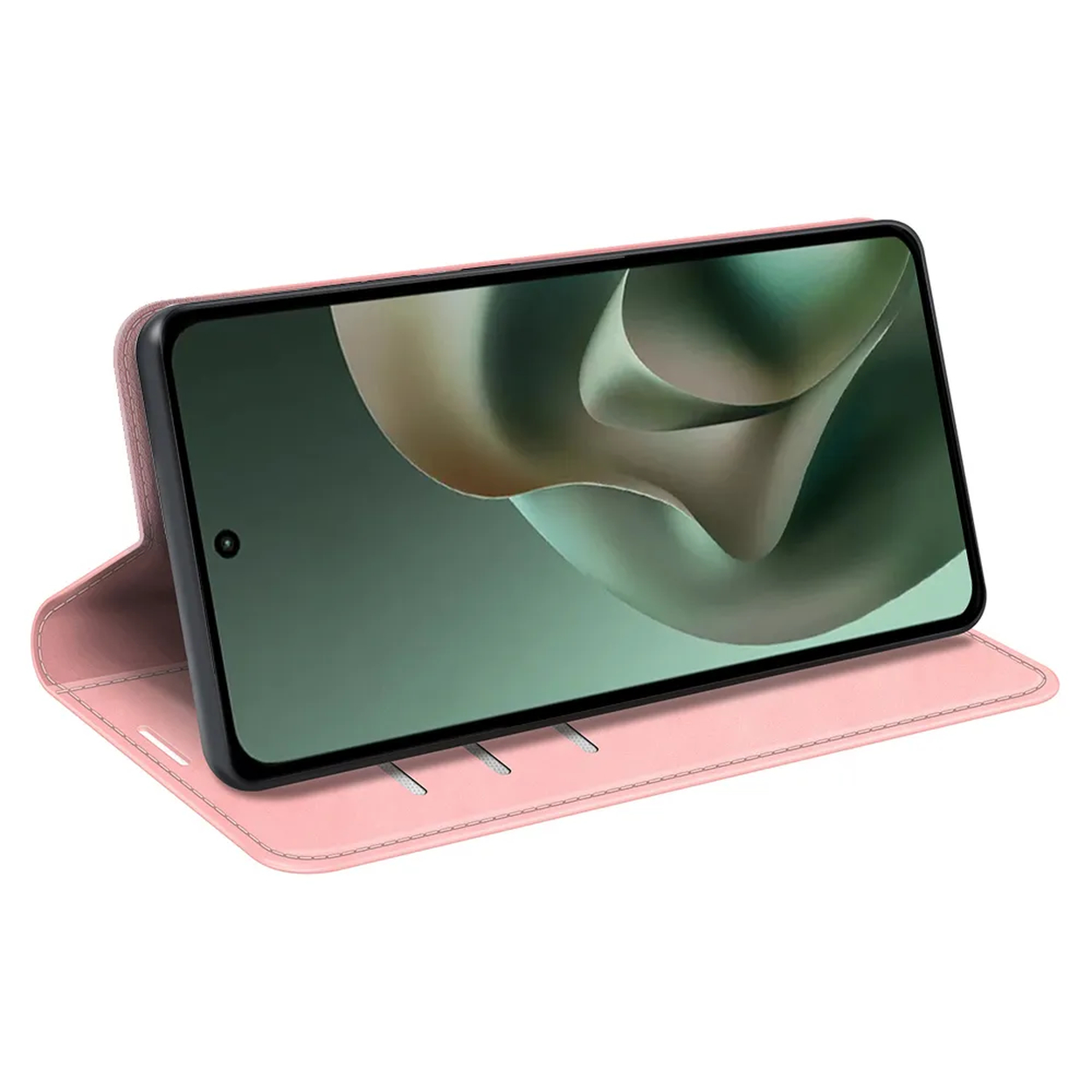 Een roze flip case met een rechtopstaande smartphone. Witte achtergrond.