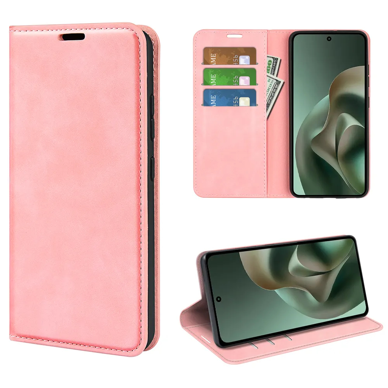 Een roze telefoonhoesje met kaarthouders en een telefoon.
