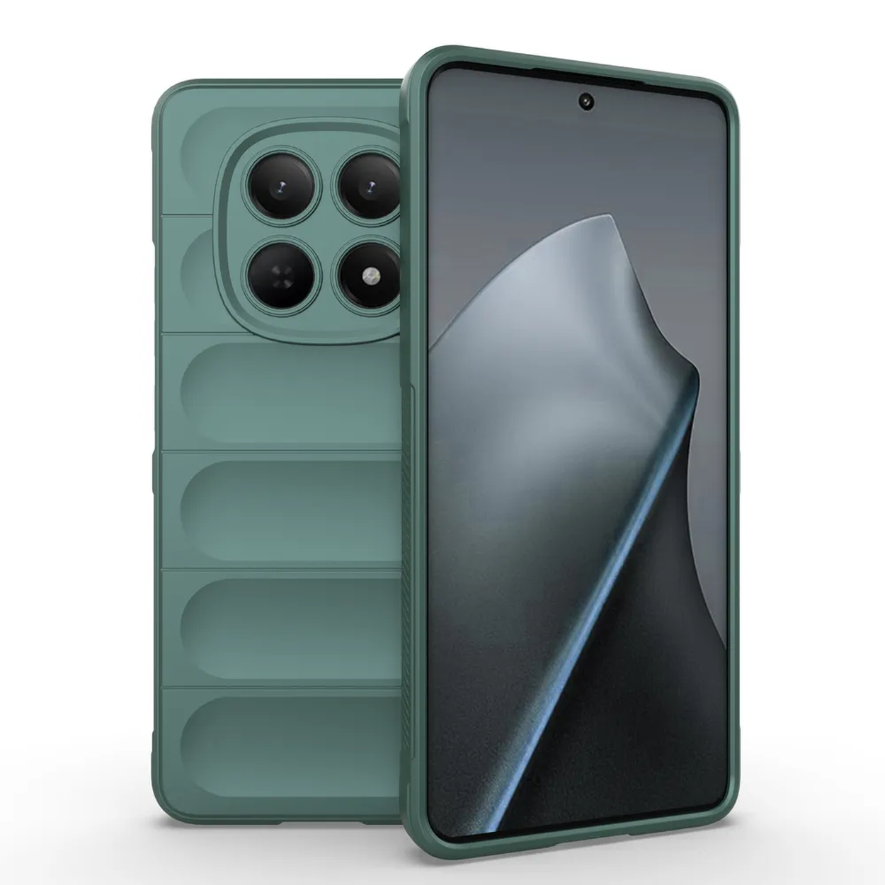 Coque de téléphone verte avec quatre caméras et un smartphone à écran sombre.