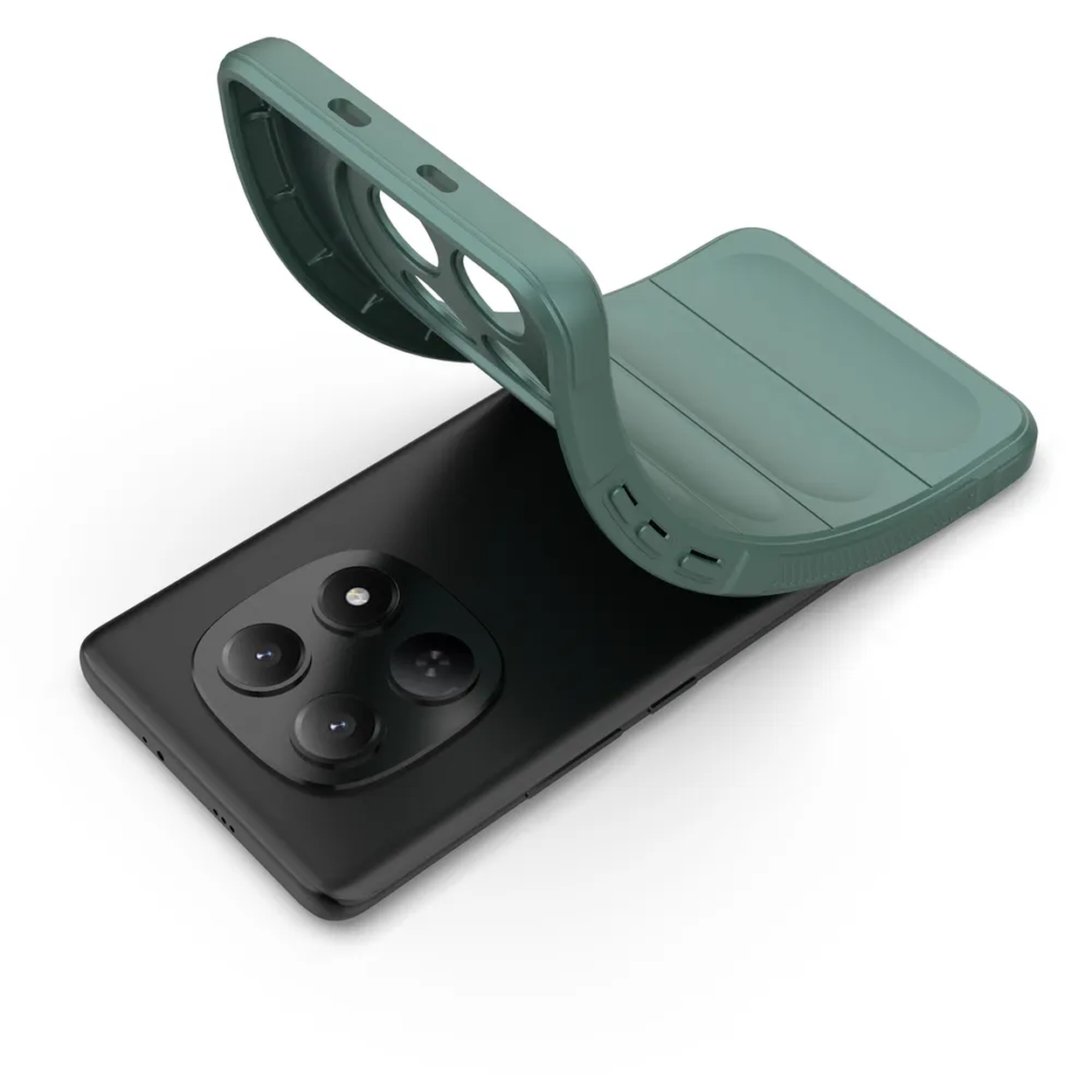 Coque de téléphone verte placée sur un smartphone noir.