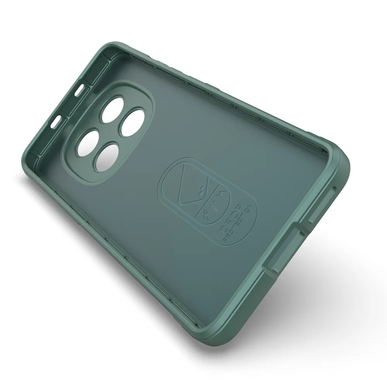 Coque de téléphone verte avec quatre trous pour appareil photo et logo.