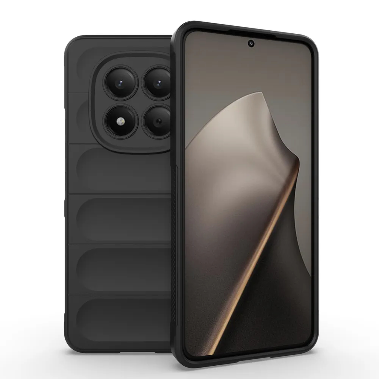 Smartphone noir avec quatre caméras et dos texturé. Écran avant visible.