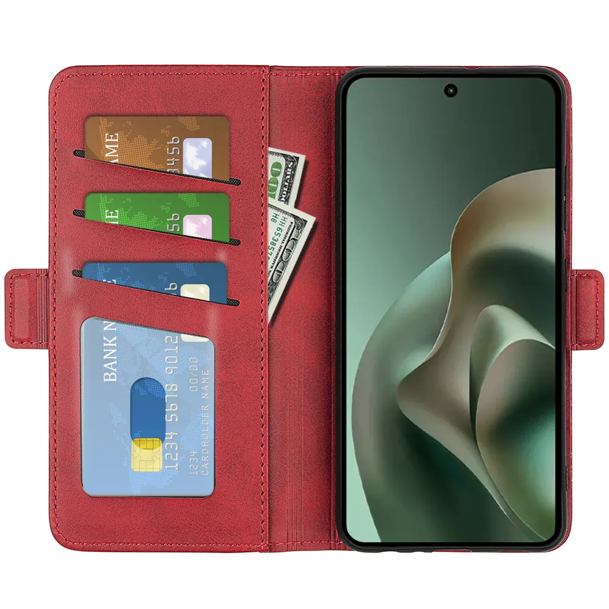 Rode telefoonhoes met kaartsleuven en geldvak. Een smartphone is geplaatst.