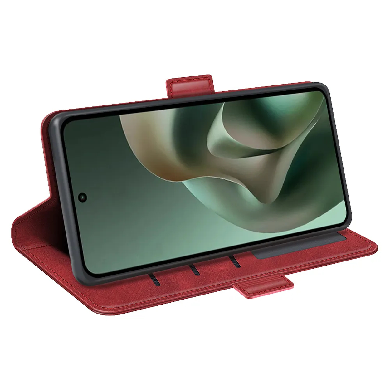 Rode telefoonhoes met open klep, toont een smartphone met groene achtergrond.