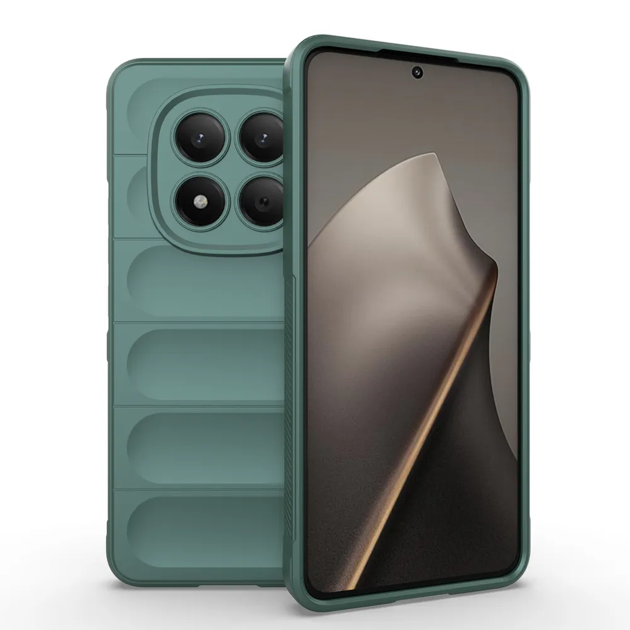 Coque de téléphone verte avec quatre caméras et un design côtelé.