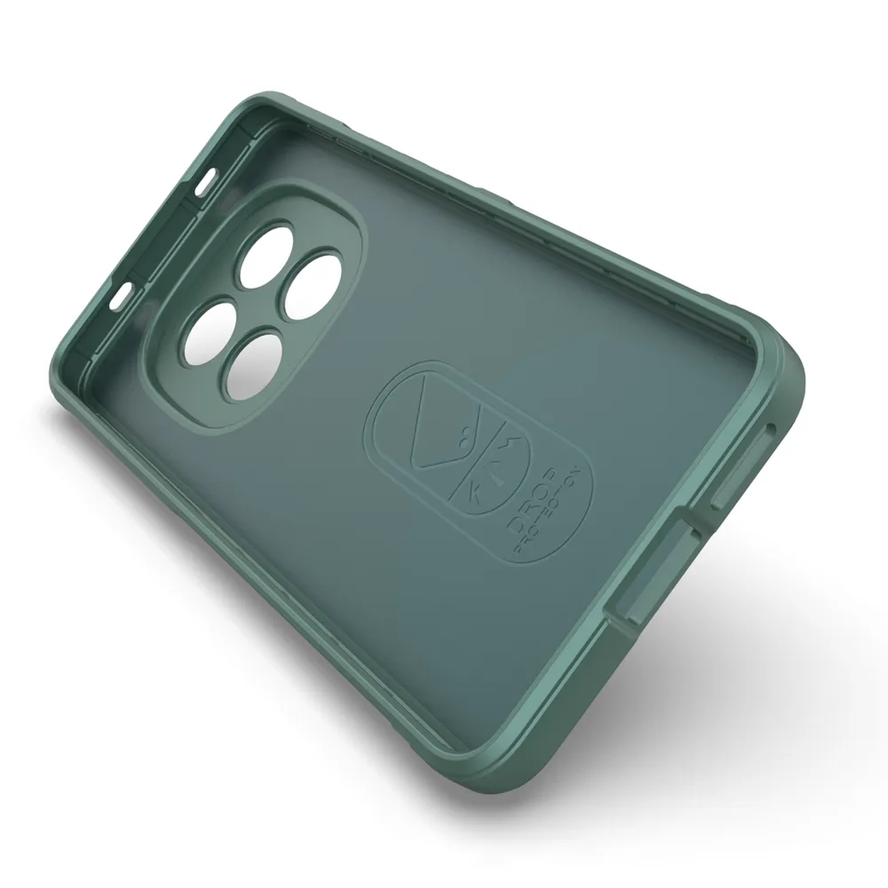 Intérieur d'une coque de téléphone verte, avec découpes pour appareil photo.