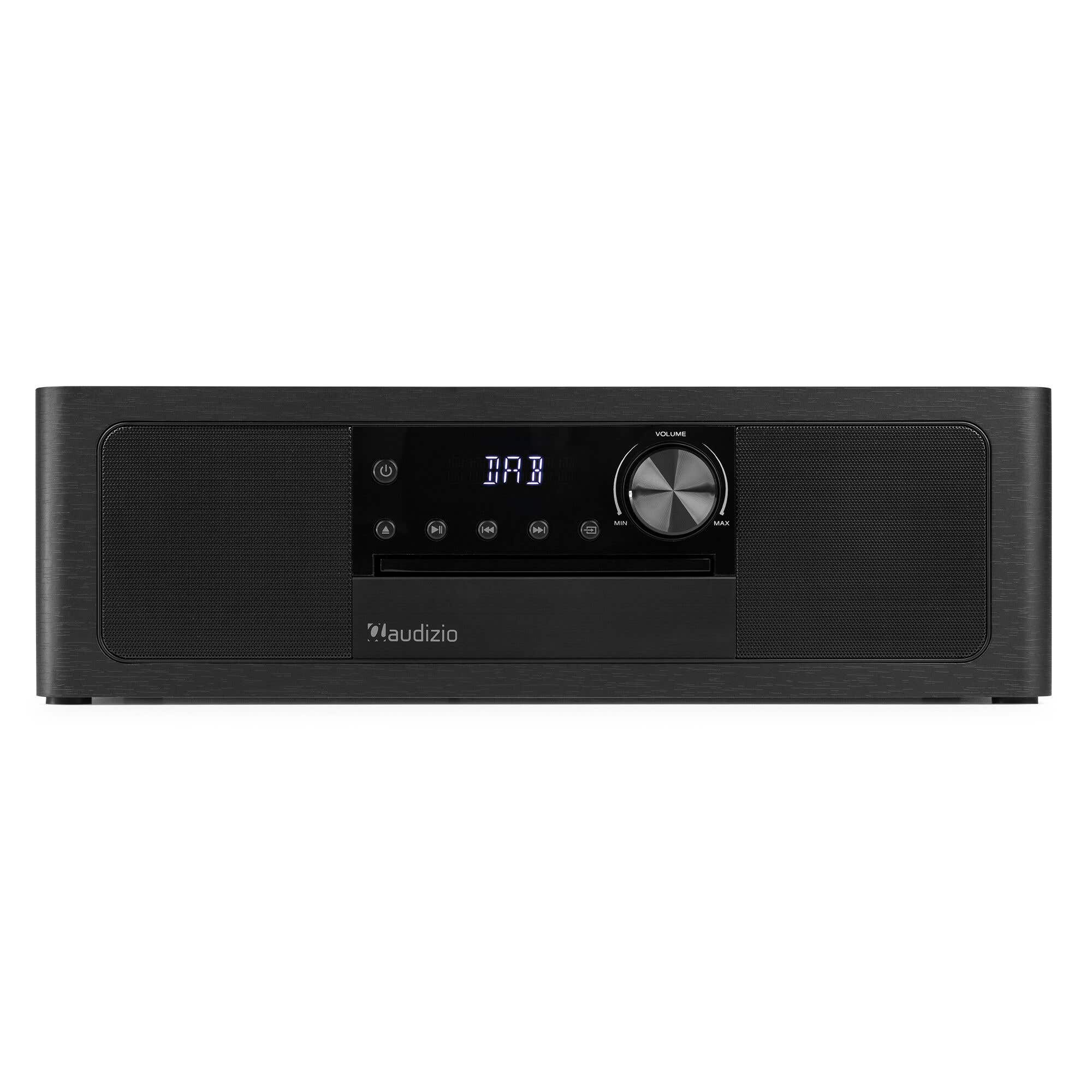Black DAB radio CD player with speaker units and control buttons.