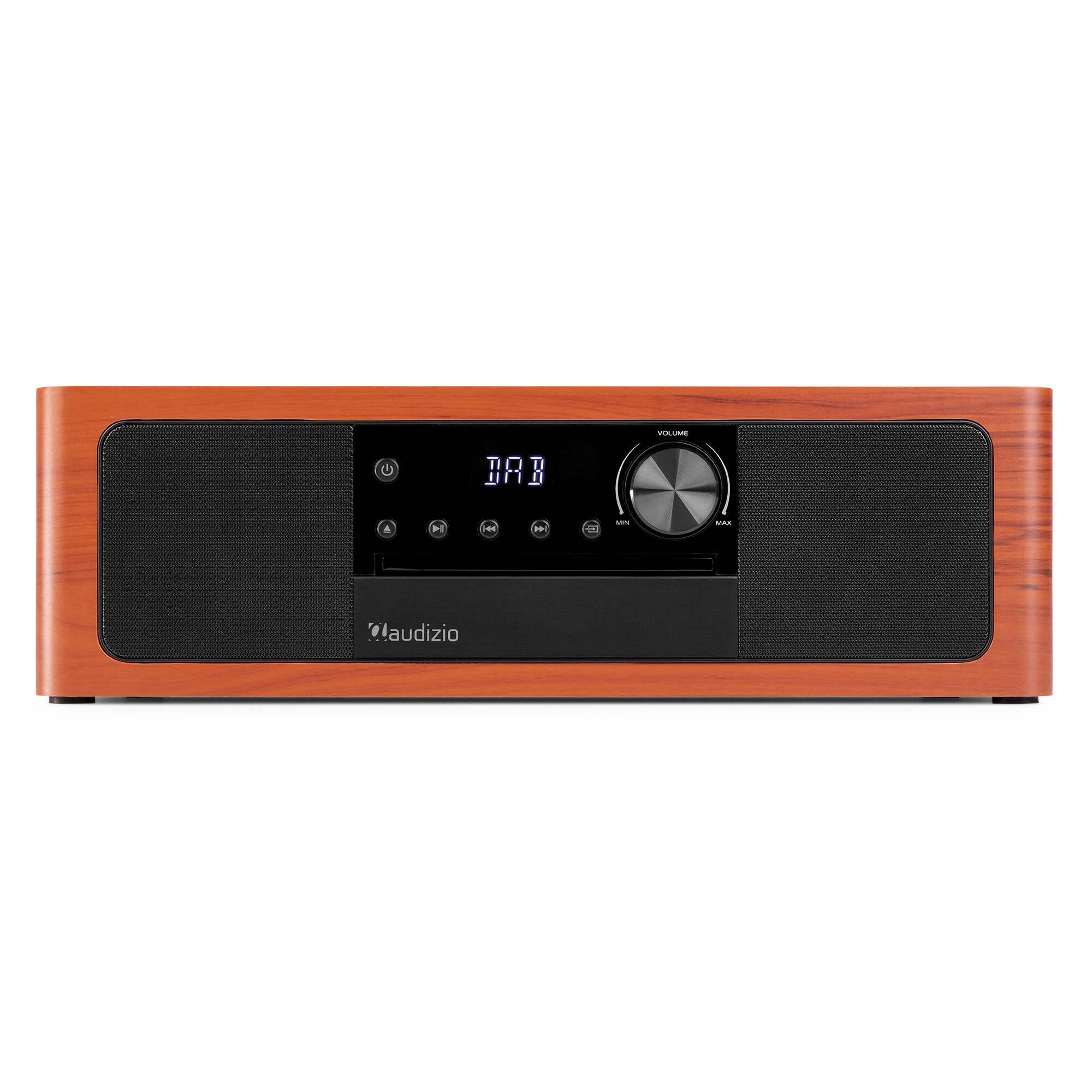 A wooden radio with black speakers and control buttons. DAB display.