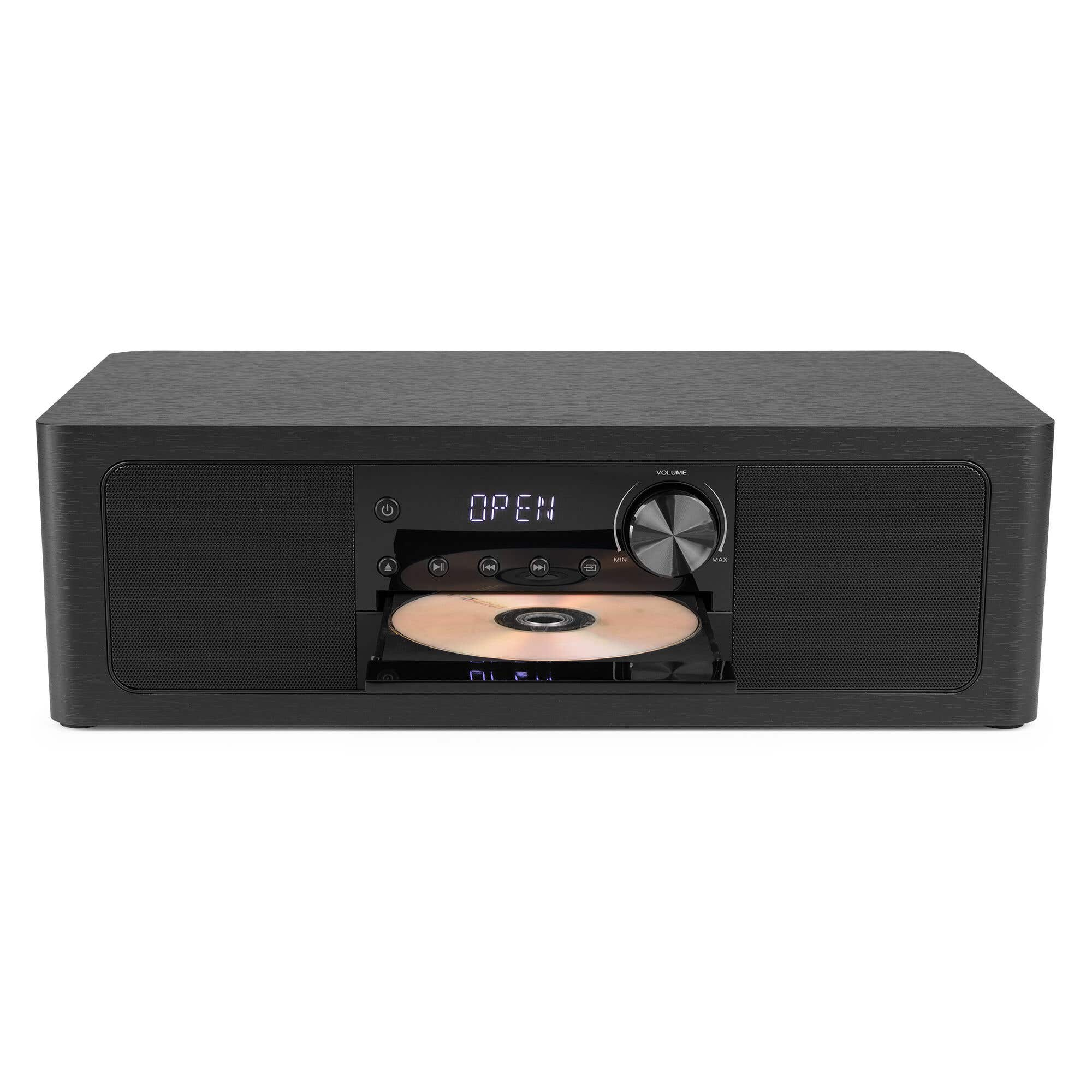 Black CD player with speakers and "OPEN" display.