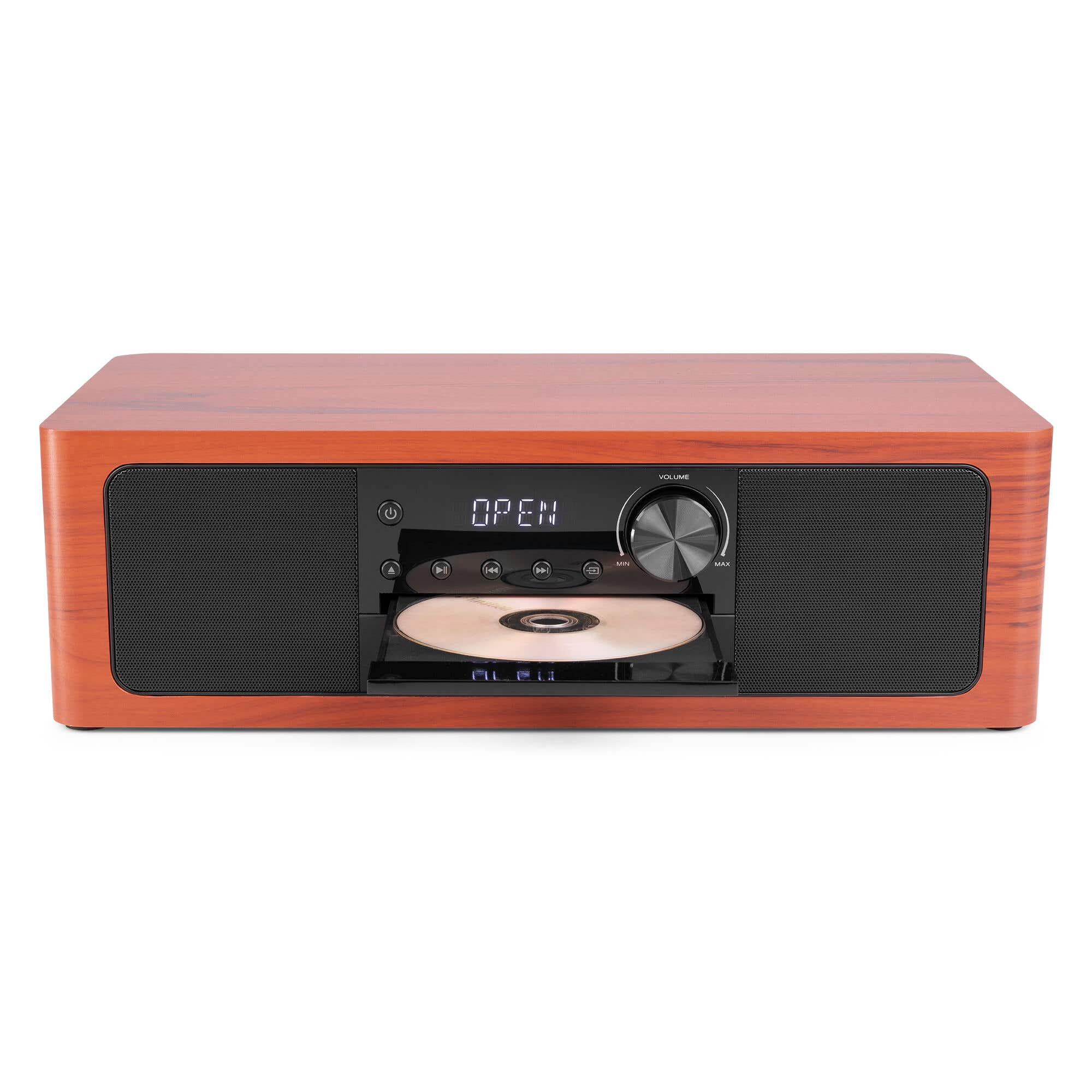 A wooden CD player with speakers and an open CD tray.