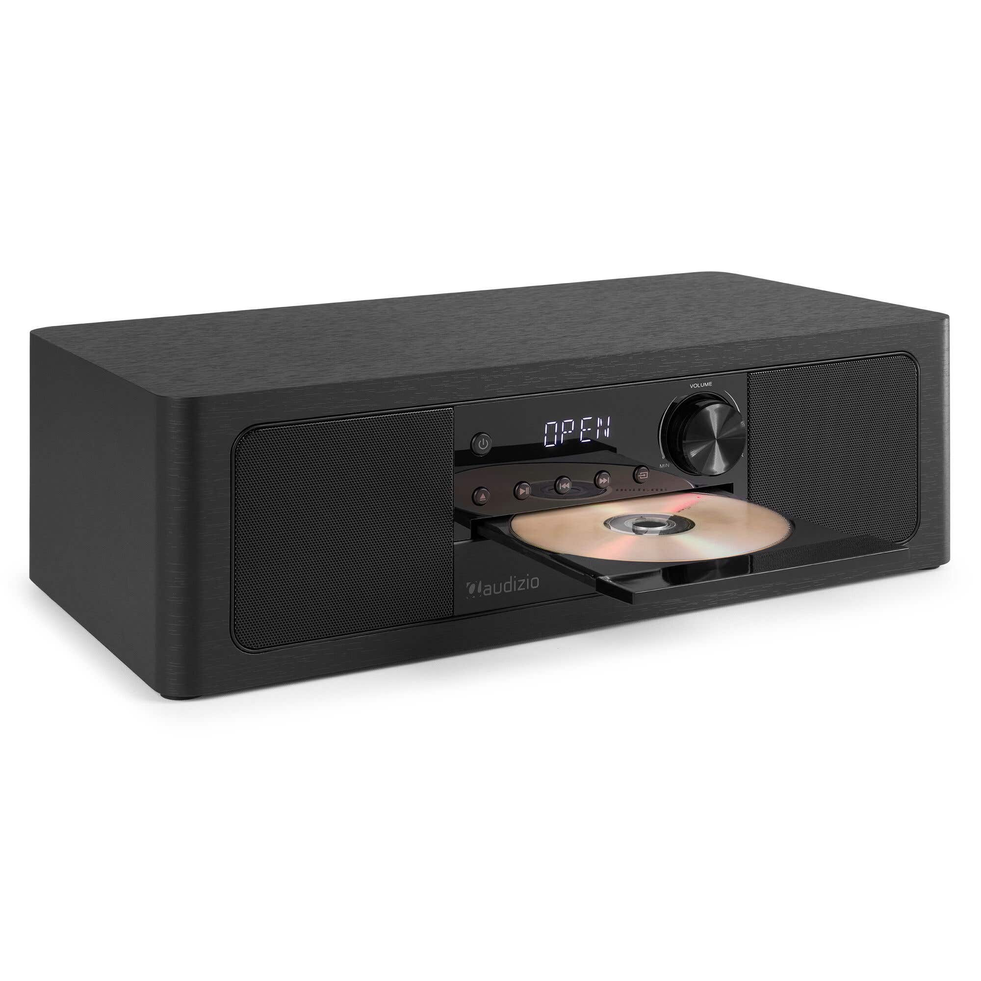 Black CD player with an extended tray and a CD.