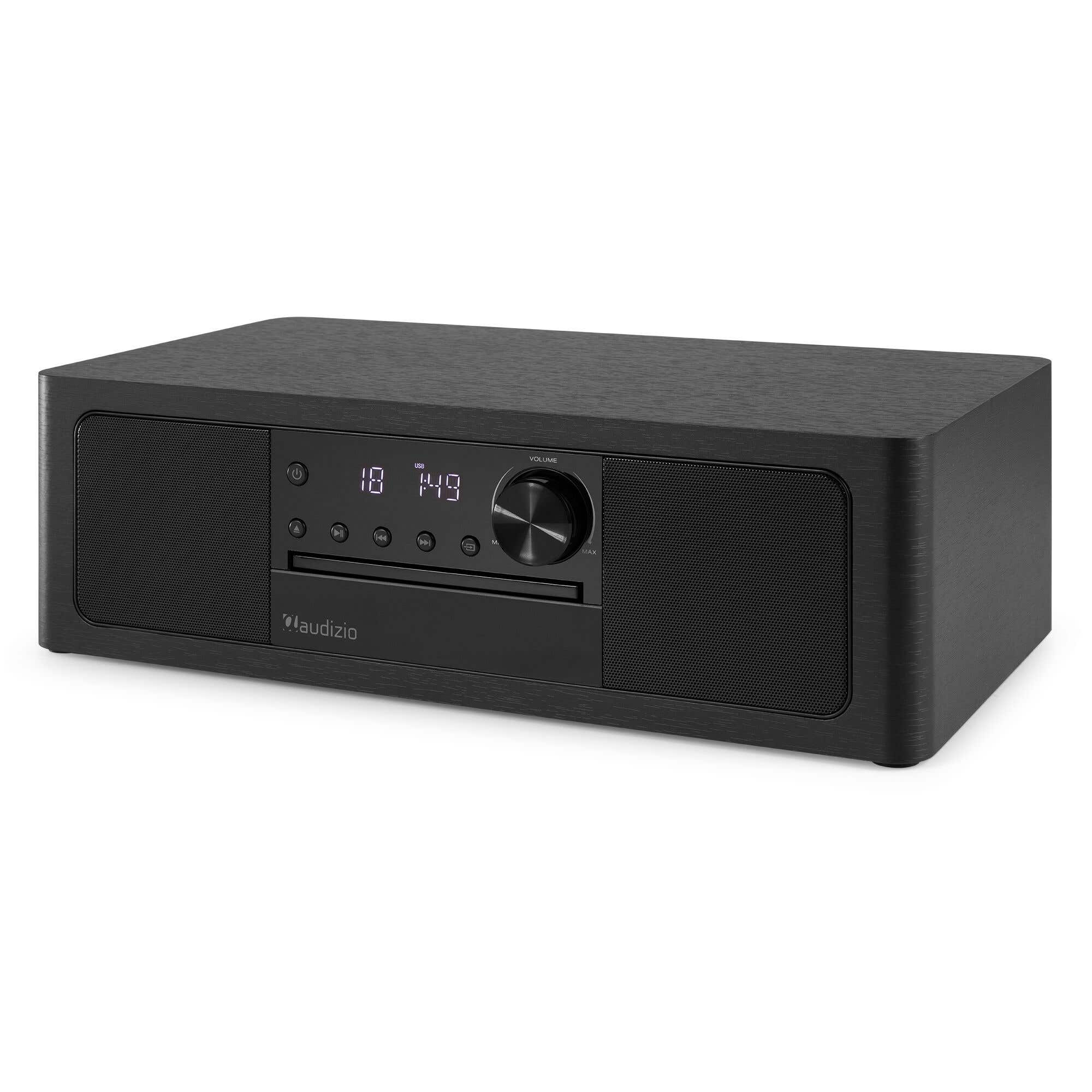 Black Audizio stereo CD player with speakers and digital display.