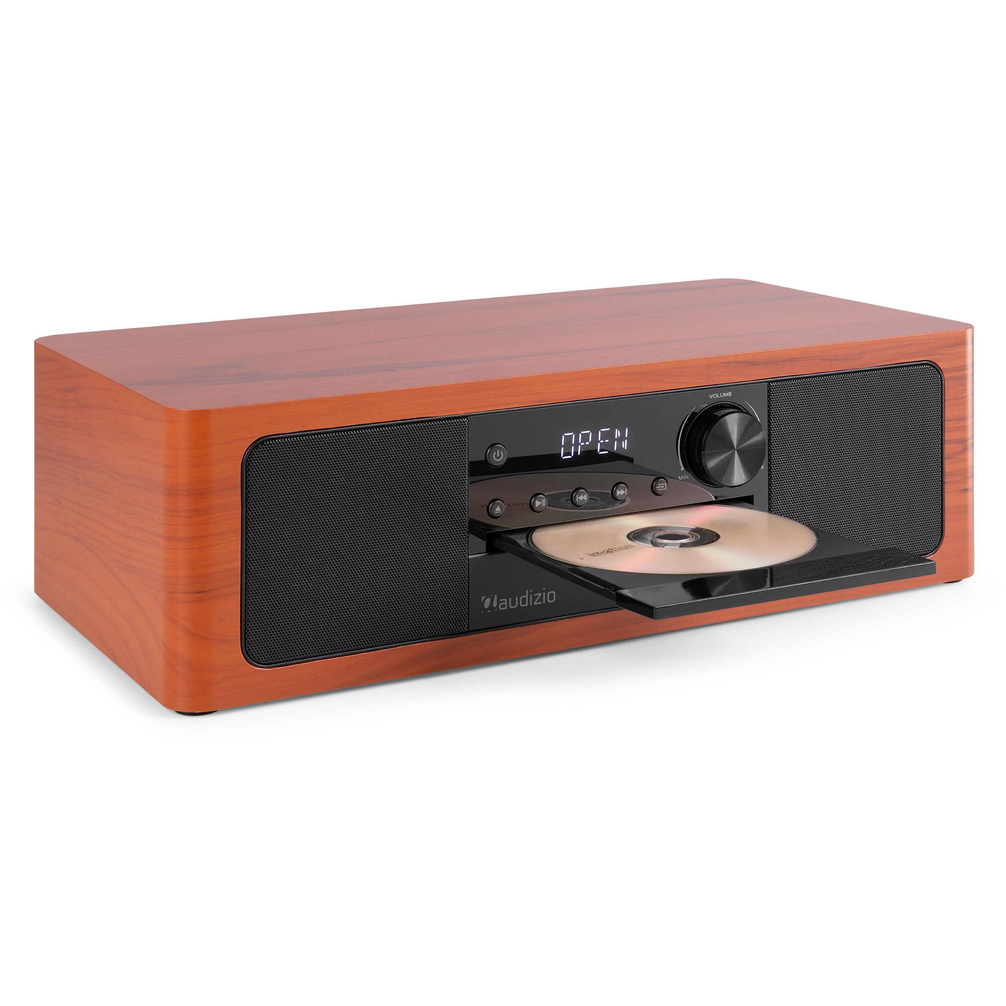 Wooden CD player with open drawer and visible CD.