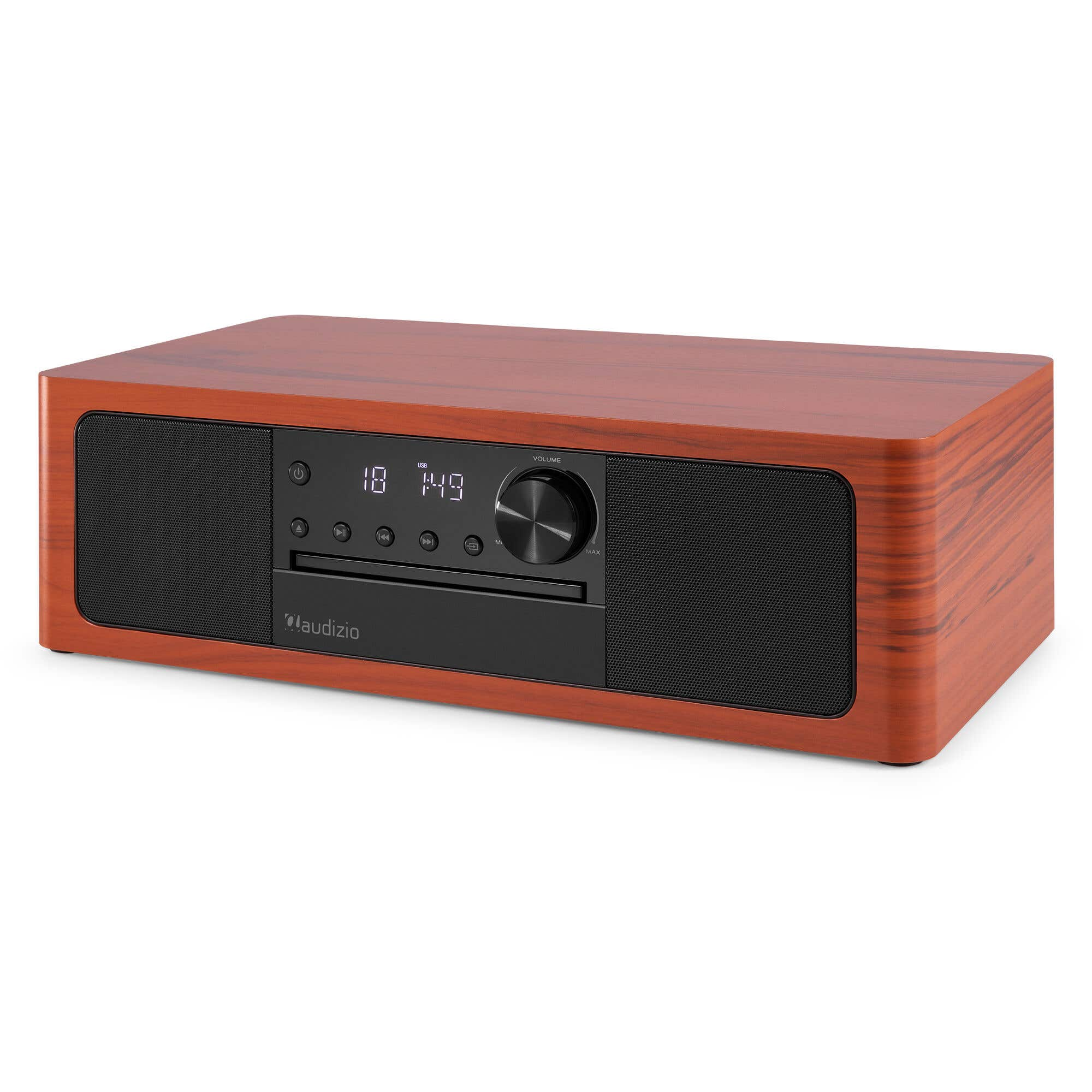 A brown wood CD player with black speakers and a digital display.