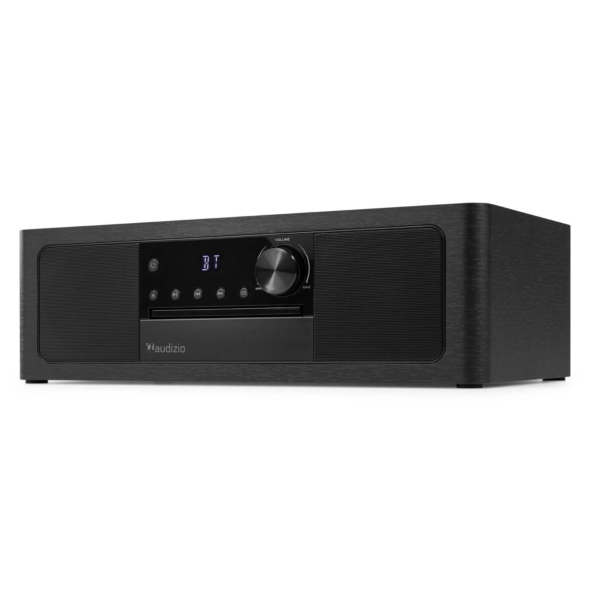 A black Audizio CD player with speakers and control buttons on a white background.