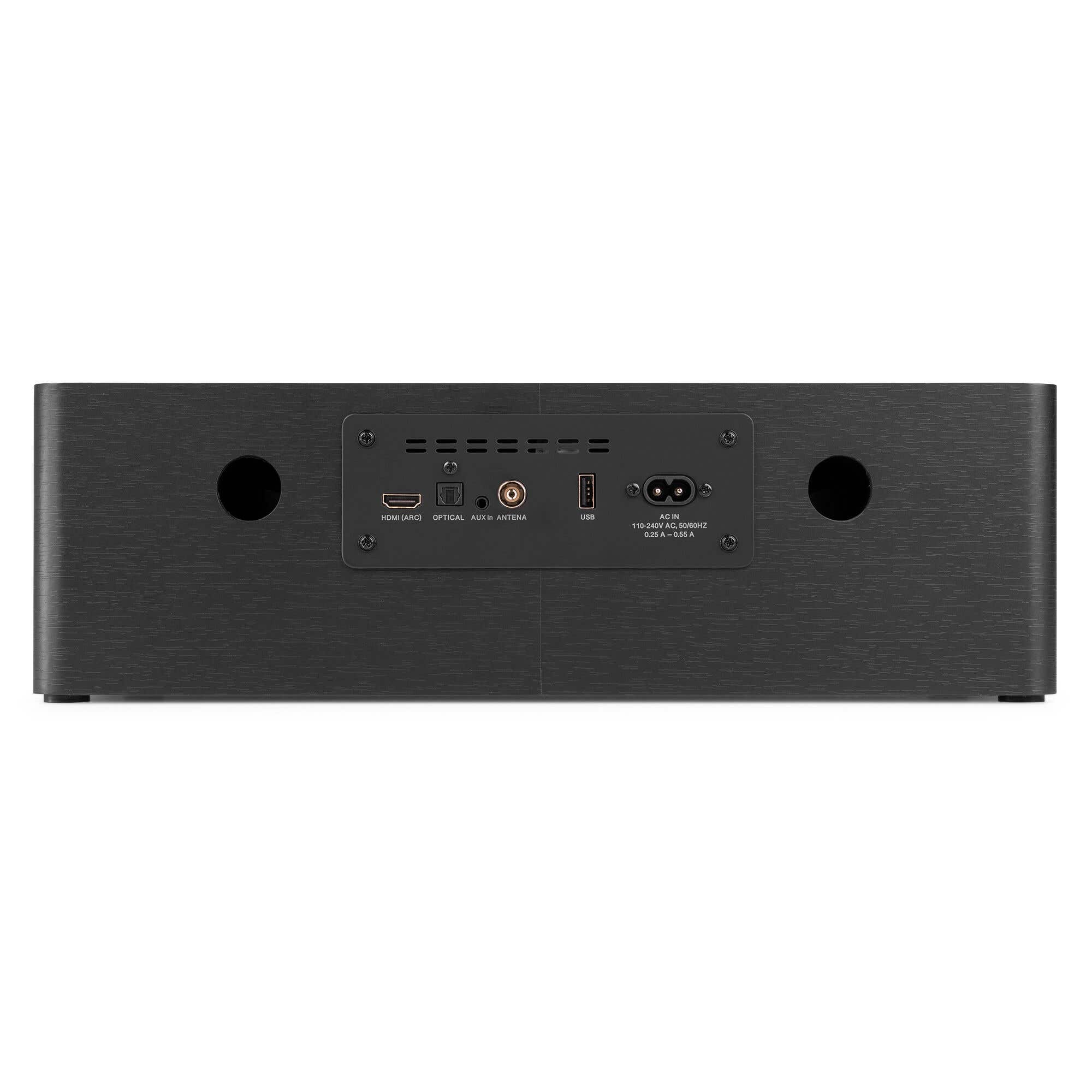 Back of a dark speaker with ports: HDMI, Optical, AUX, Antenna, USB, AC power.