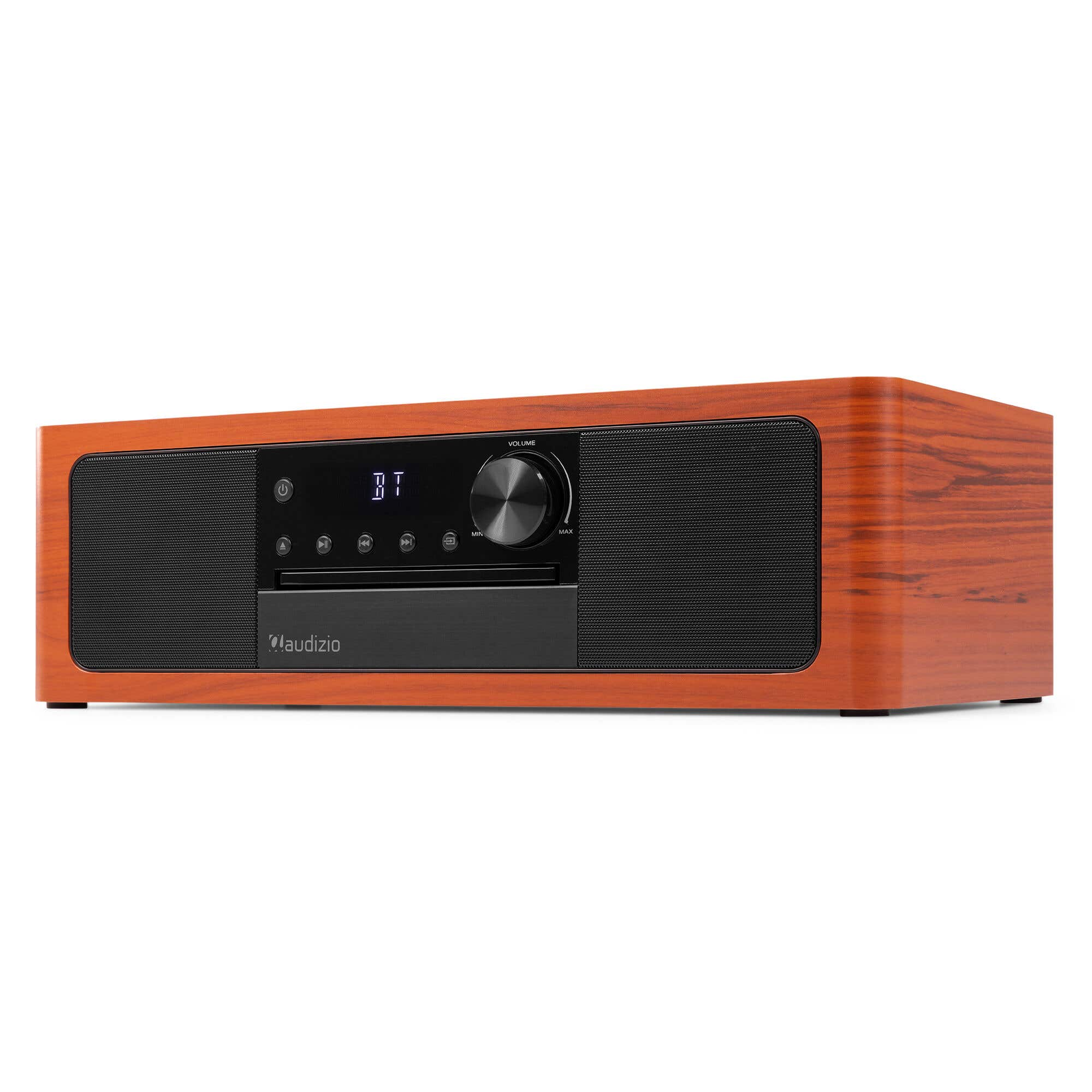 A brown wooden CD player with speakers and a digital display screen.