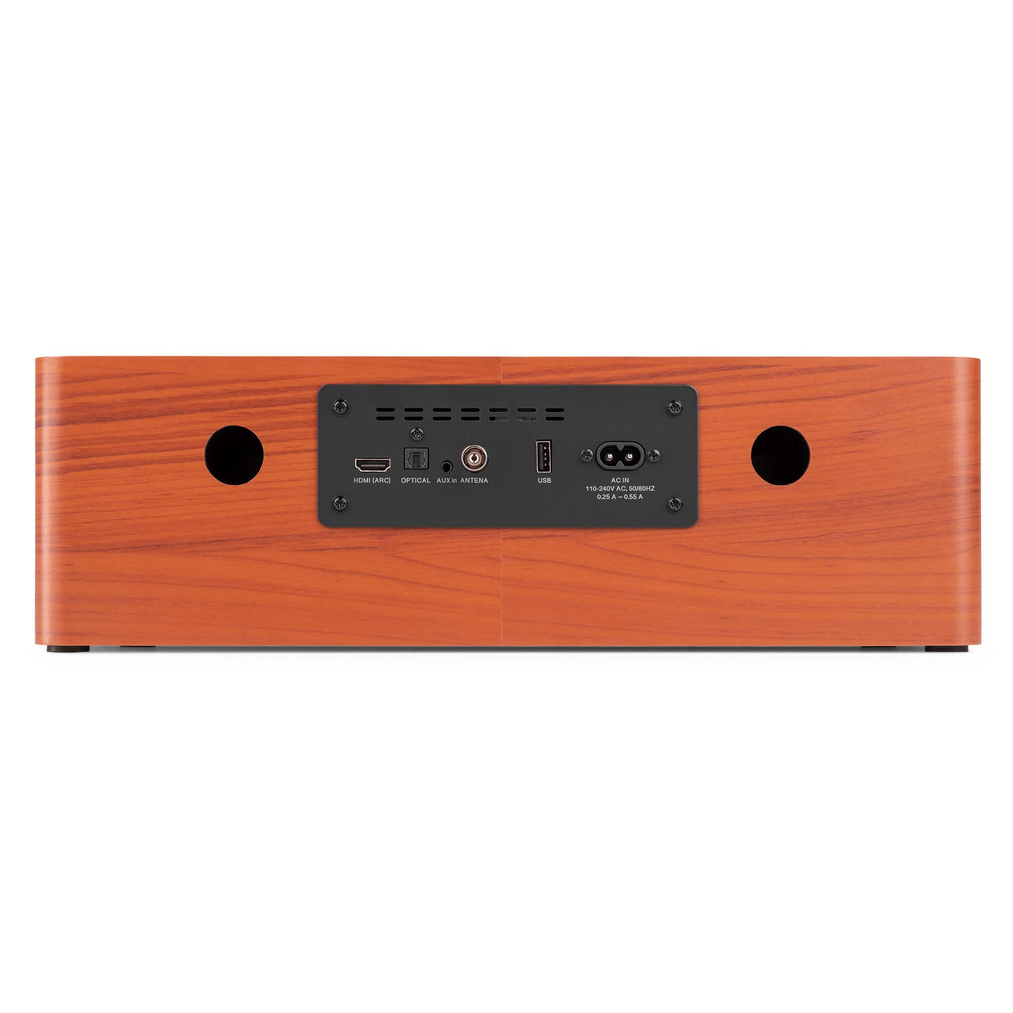 Back of a wooden device showing ports: HDMI, Optical, AUX, USB, AC power in.