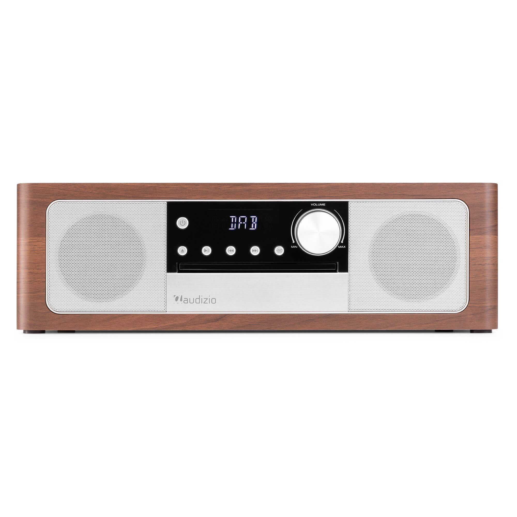 A wooden radio with speakers, display, and control buttons.