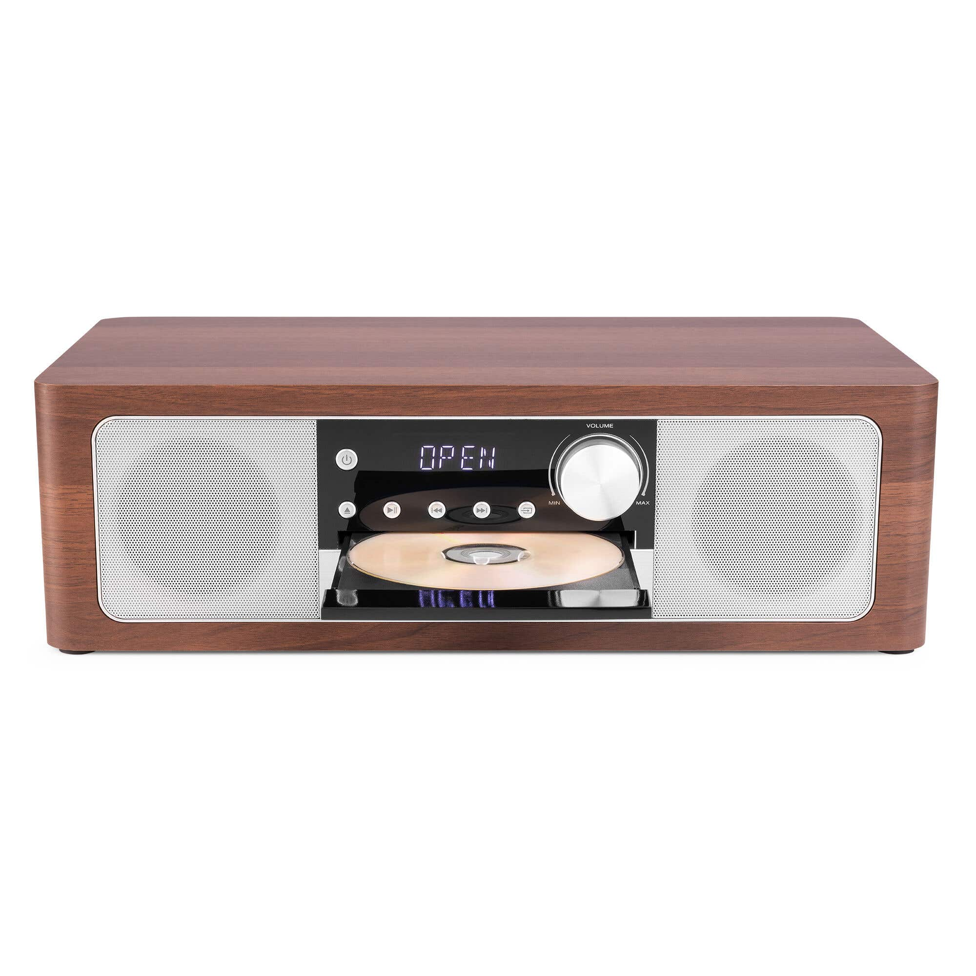 A brown wooden CD player with two speakers and an open CD tray.