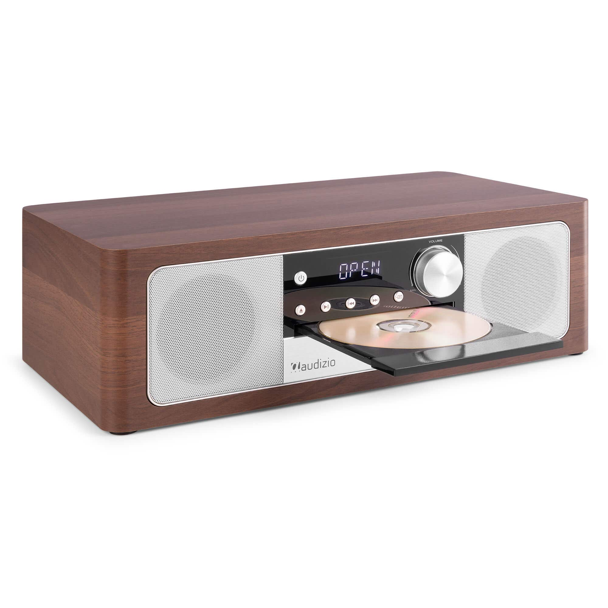 A wooden radio with a CD drawer, containing a CD player.