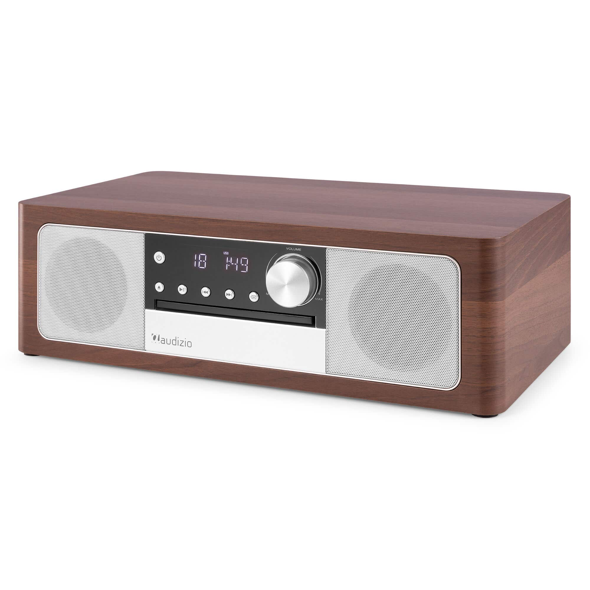 Wooden radio with silver speakers and digital display.