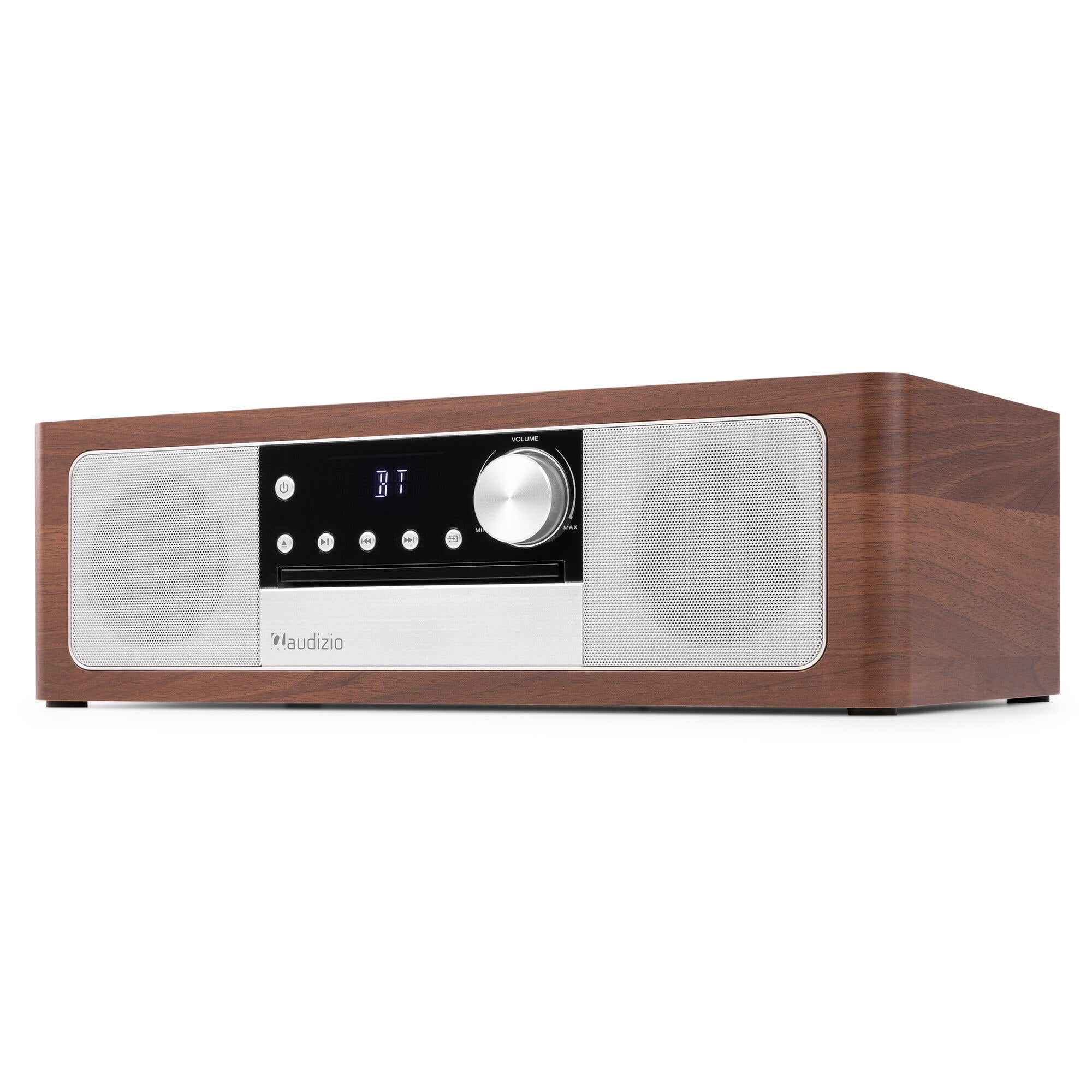 A wooden radio with silver speakers and control panel.