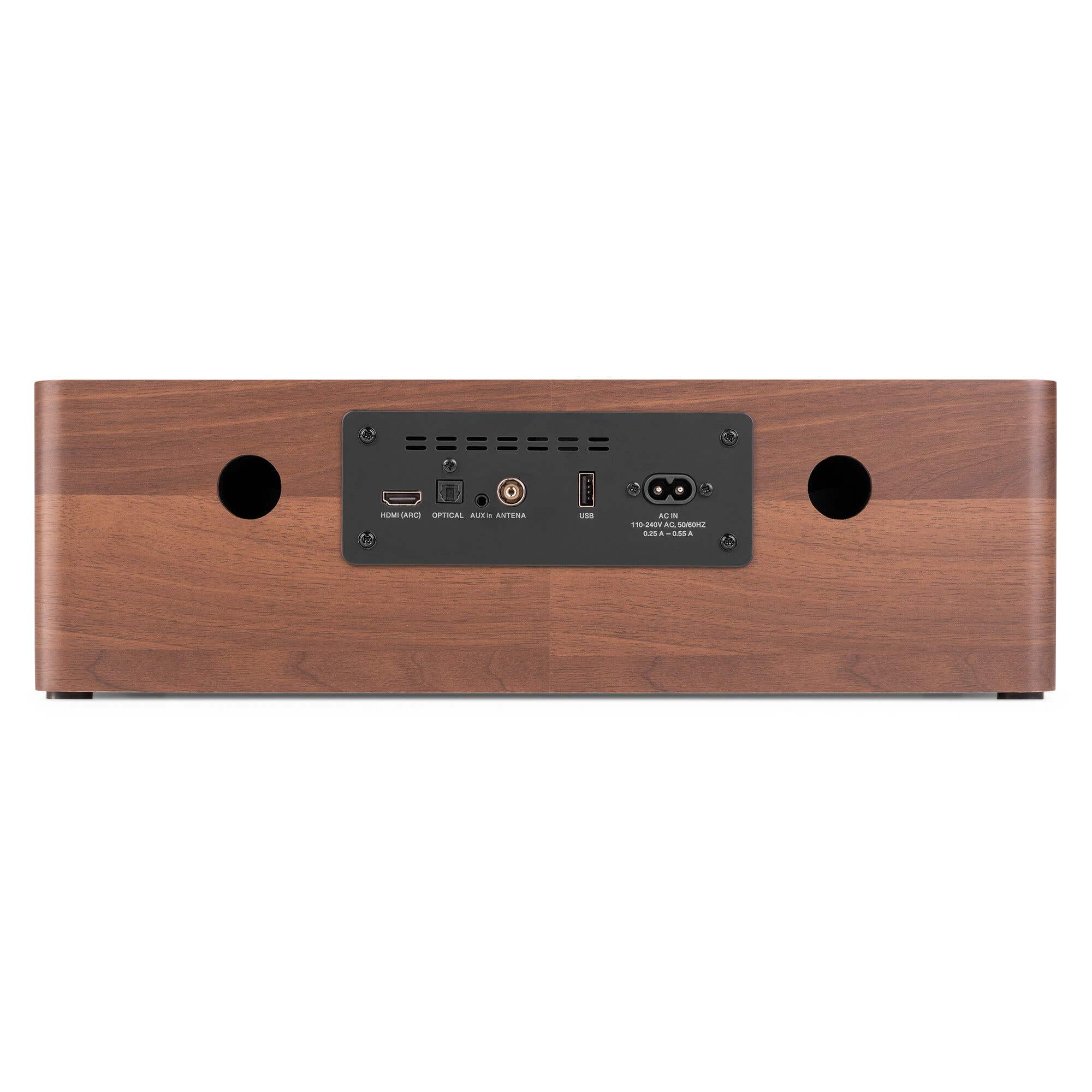 Back of a wooden device showing ports: HDMI, Optical, AUX, Antenna, USB, AC.