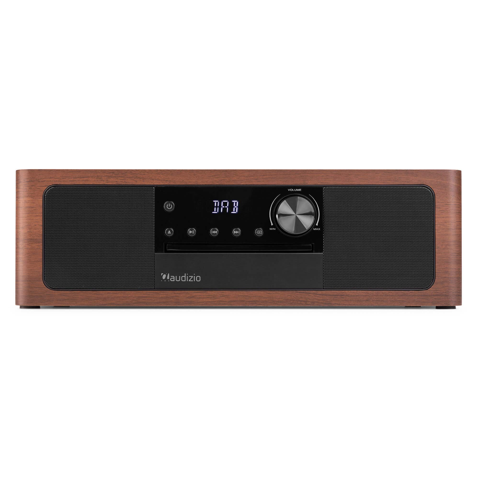 Wooden radio with black speaker grilles and a digital display.