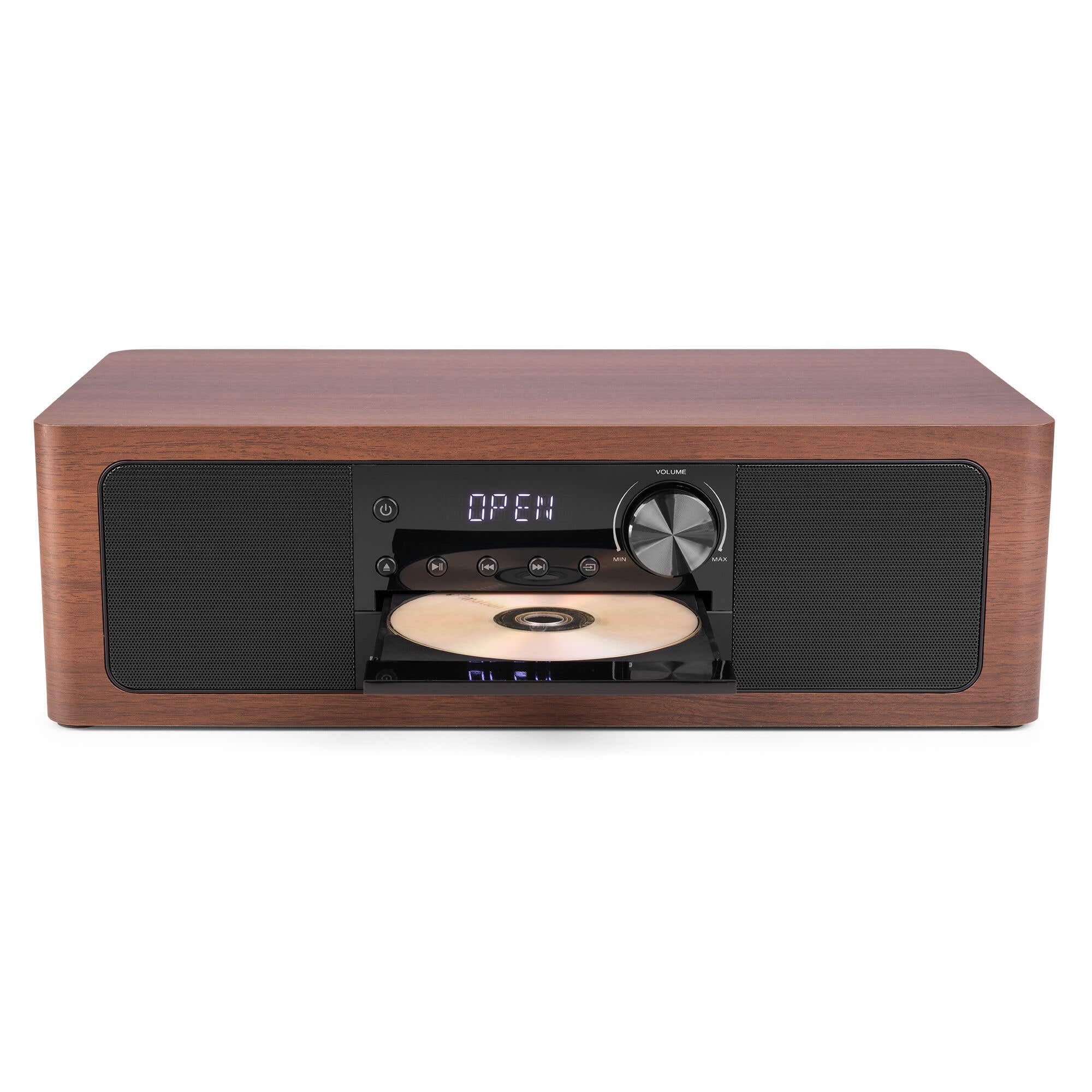 Wooden CD player with silver controls and a CD inserted.