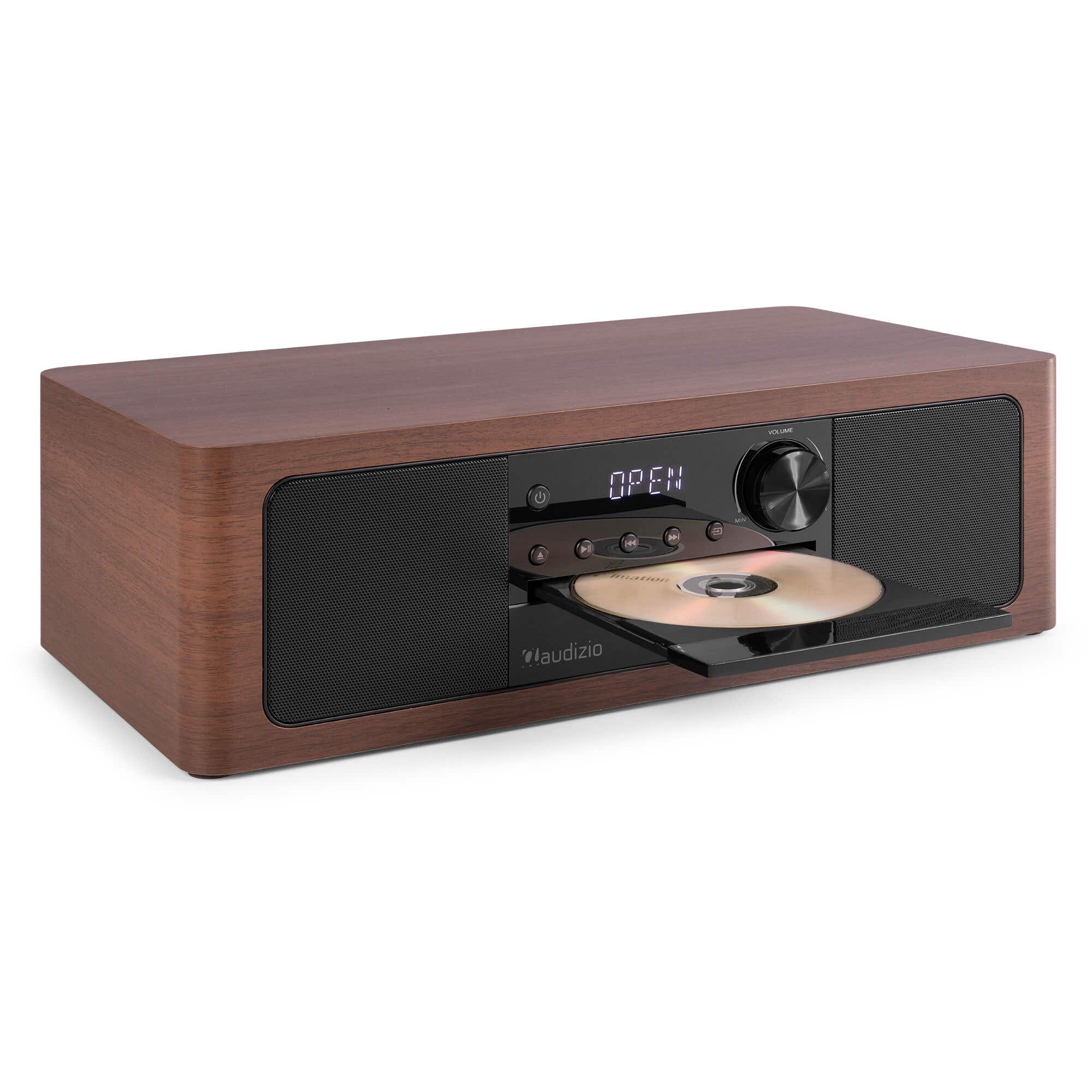 A brown wooden CD player with an open tray and CD.